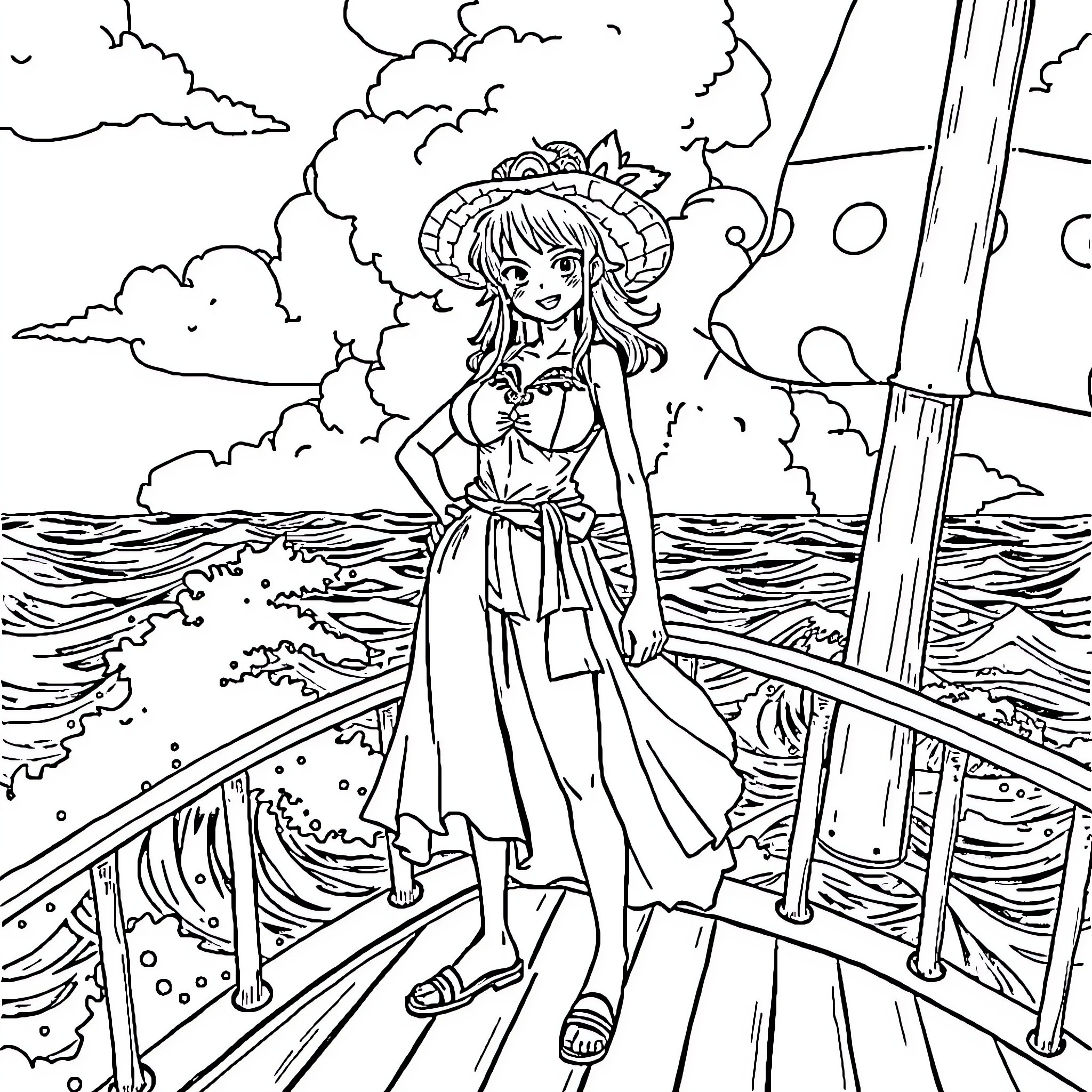 Yamato Sailing on the High Seas Coloring Page (free black-and-white line drawing printable PDF for all, from beginners to advanced learners, including children, teens, adults, and seniors)