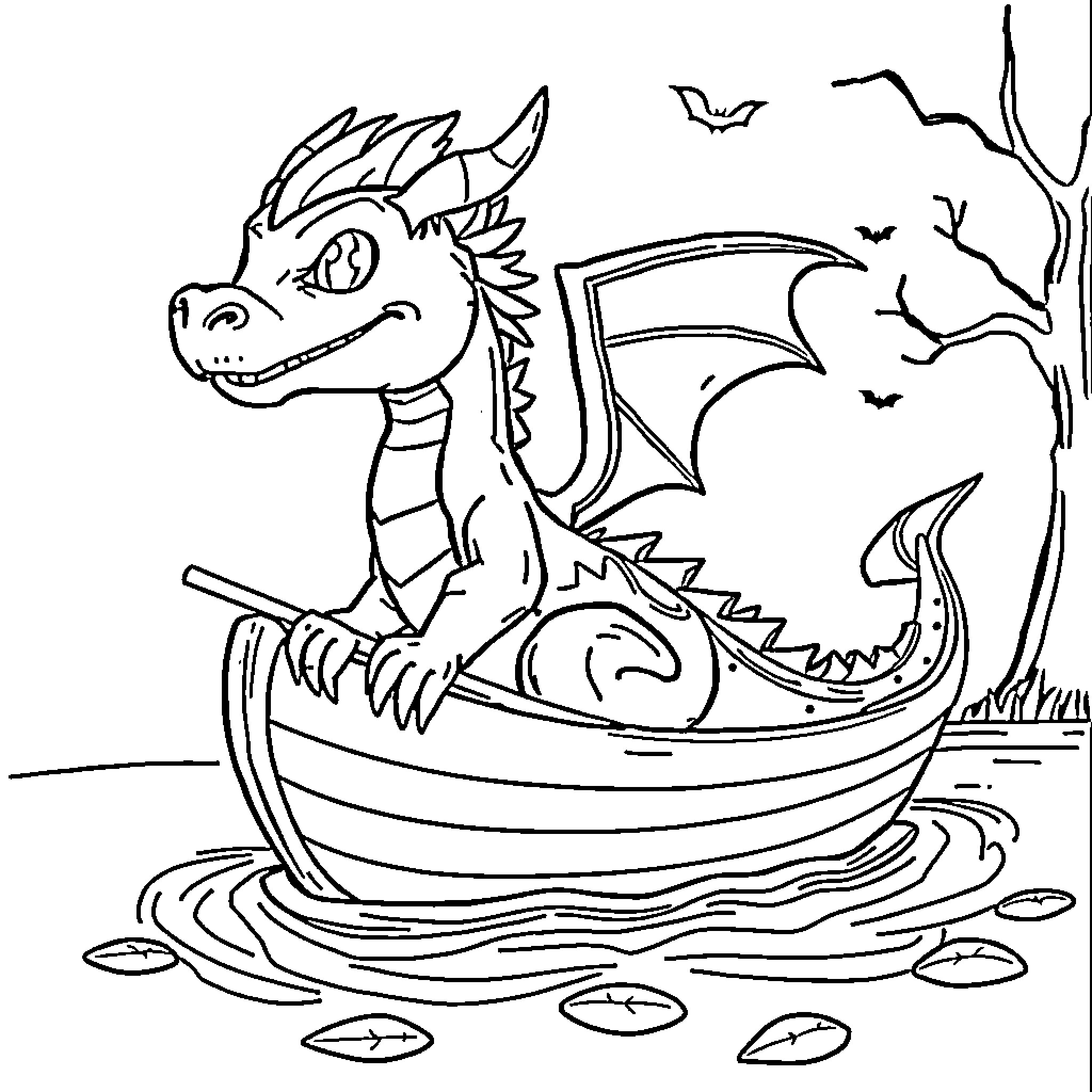 Dragon sailing in a boat on a lake Coloring Page (free black-and-white line drawing printable PDF for all, from beginners to advanced learners, including children, teens, adults, and seniors)