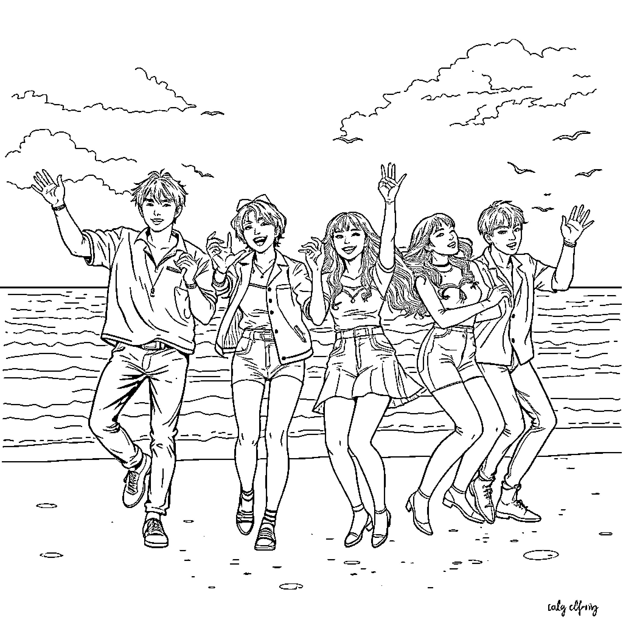 Kpop idols dancing joyfully on the beach Coloring Page (free black-and-white line drawing printable PDF for all, from beginners to advanced learners, including children, teens, adults, and seniors)