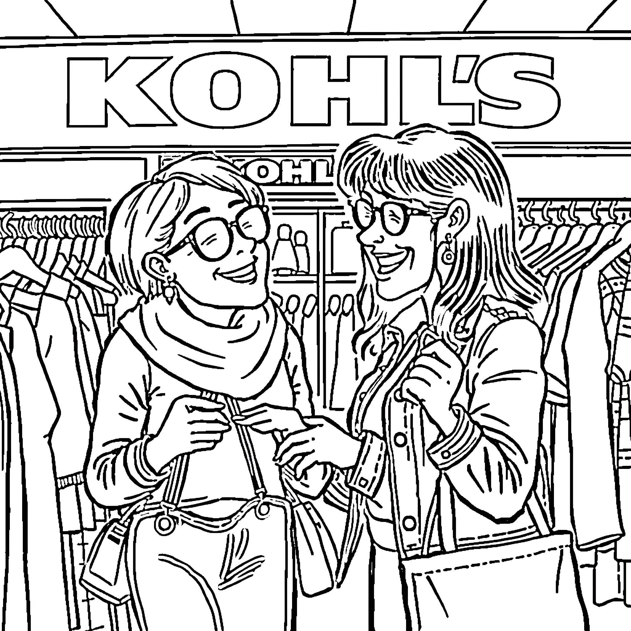 Bernie Brewer happily shopping with friends at Kohl's Coloring Page (free black-and-white line drawing printable PDF for all, from beginners to advanced learners, including children, teens, adults, and seniors)