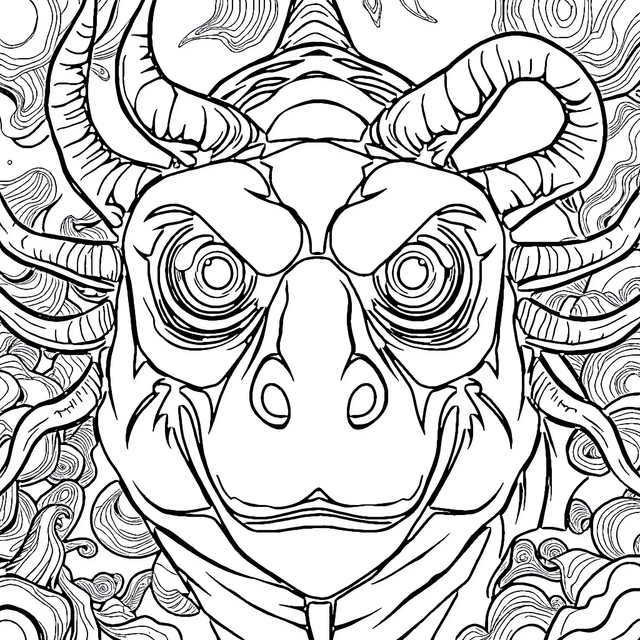 Squid-like creature with intricate tentacles and facial features Coloring Page (free black-and-white line drawing printable PDF for all, from beginners to advanced learners, including children, teens, adults, and seniors)