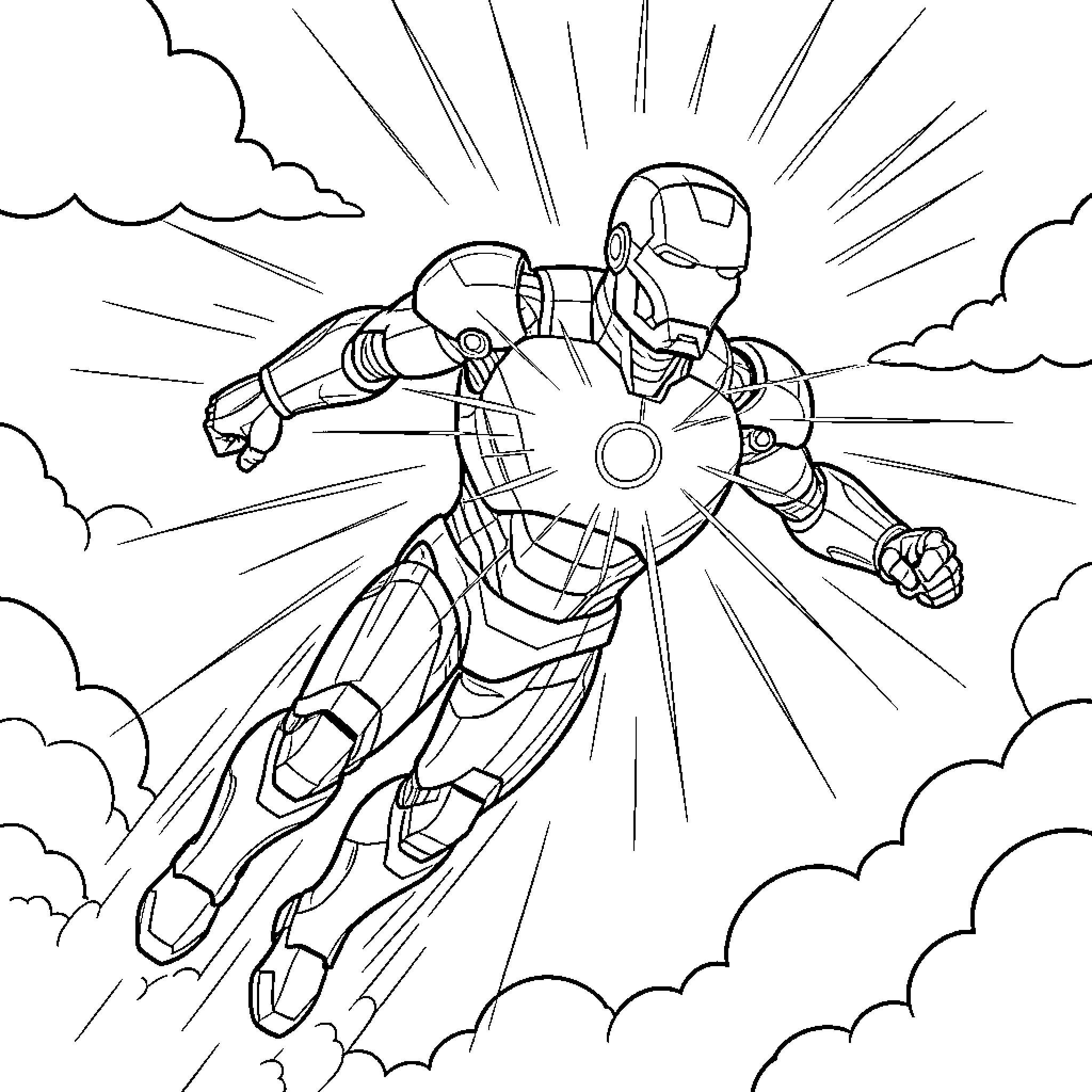 Ironman flying heroically through the clouds Coloring Page (free black-and-white line drawing printable PDF for all, from beginners to advanced learners, including children, teens, adults, and seniors)