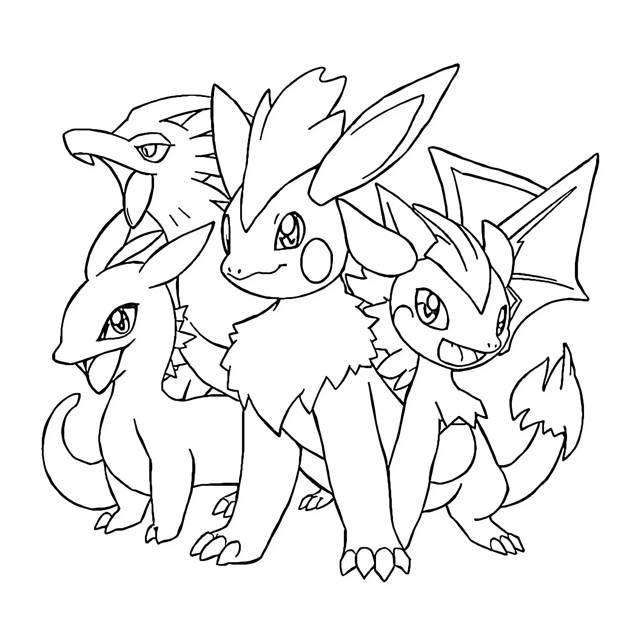 Pokémon characters in playful poses Coloring Page (free black-and-white line drawing printable PDF for all, from beginners to advanced learners, including children, teens, adults, and seniors)