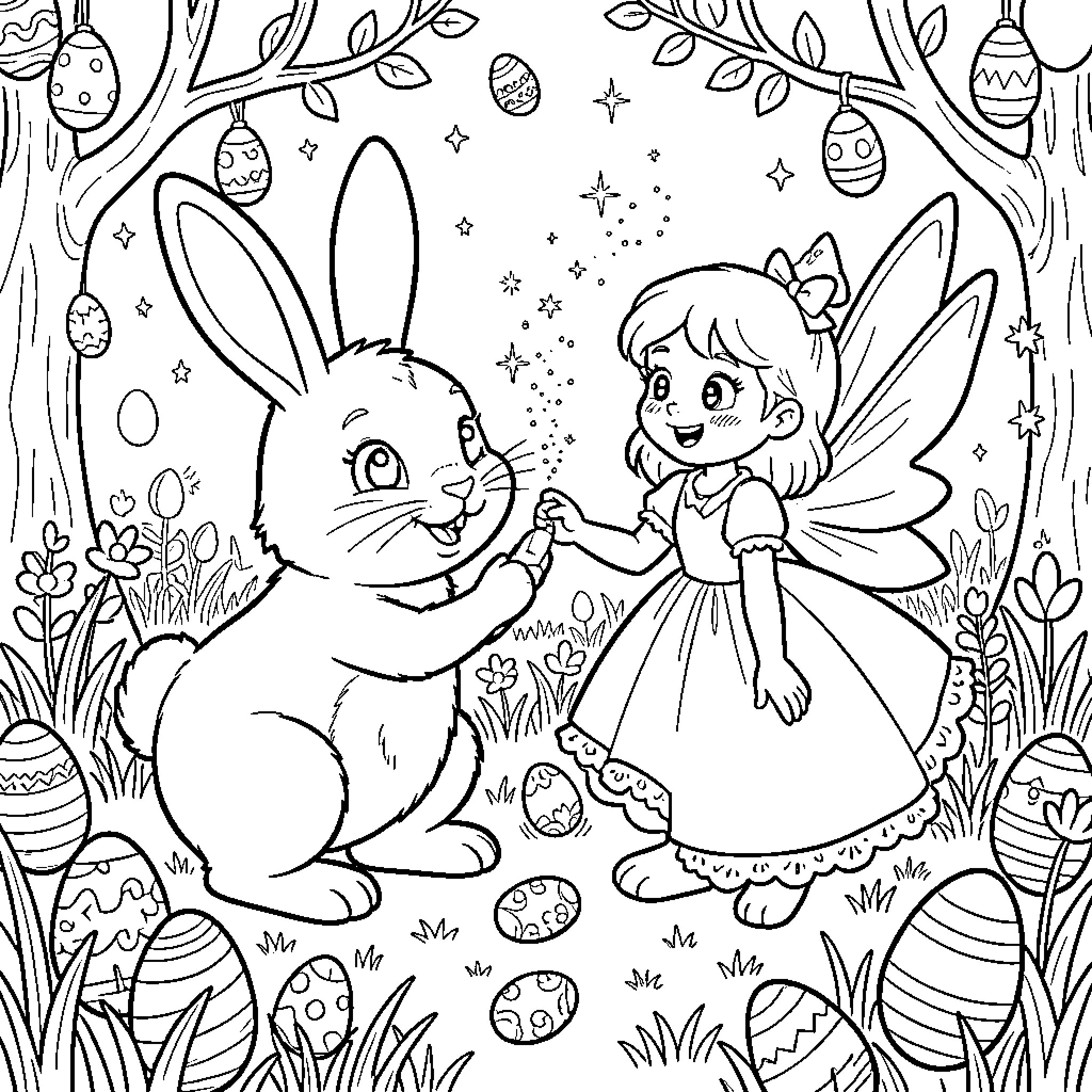 Bunny and Fairy Playing in Enchanted Garden Coloring Page (free black-and-white line drawing printable PDF for all, from beginners to advanced learners, including children, teens, adults, and seniors)