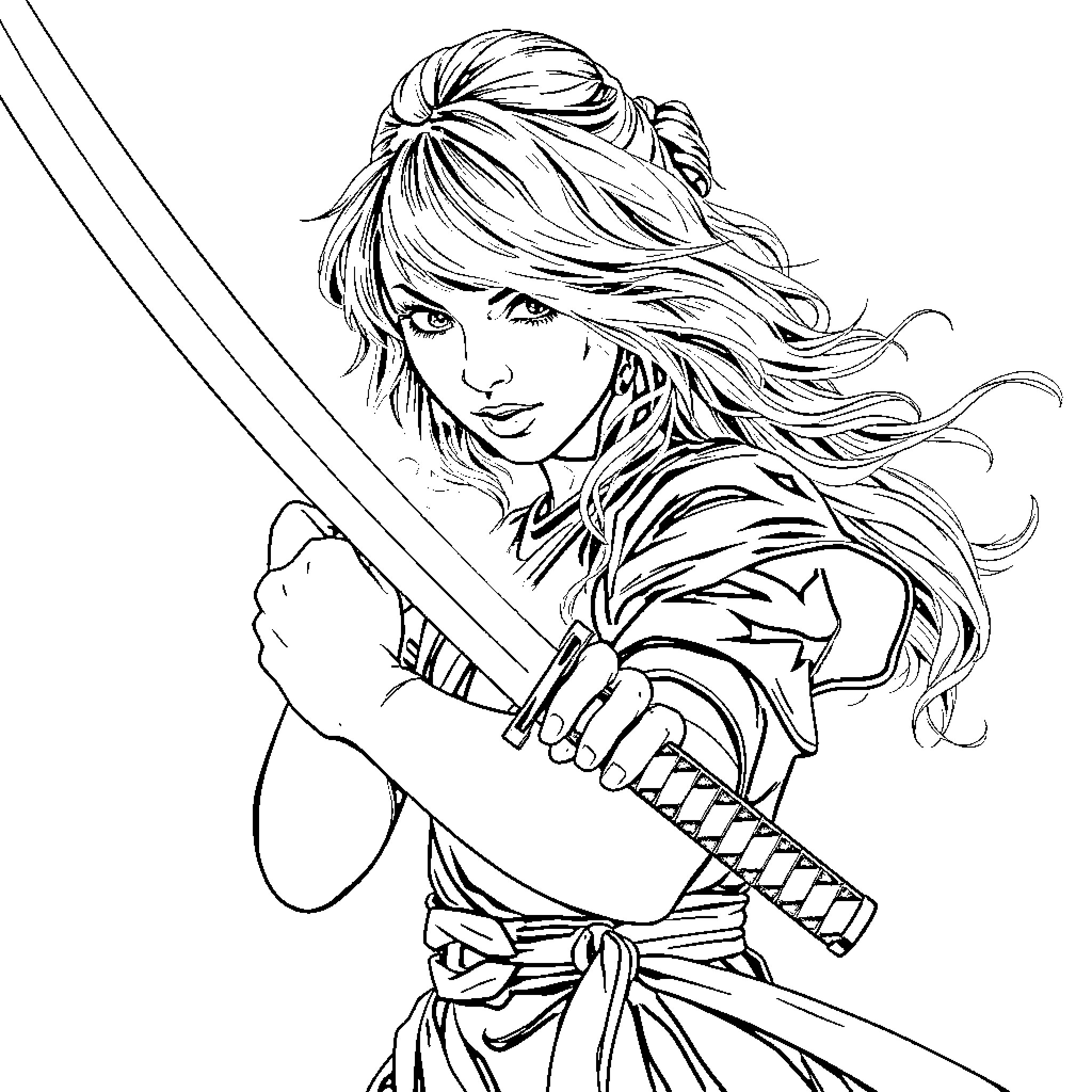 Taylor Swift as a fierce warrior with sword Coloring Page (free black-and-white line drawing printable PDF for all, from beginners to advanced learners, including children, teens, adults, and seniors)