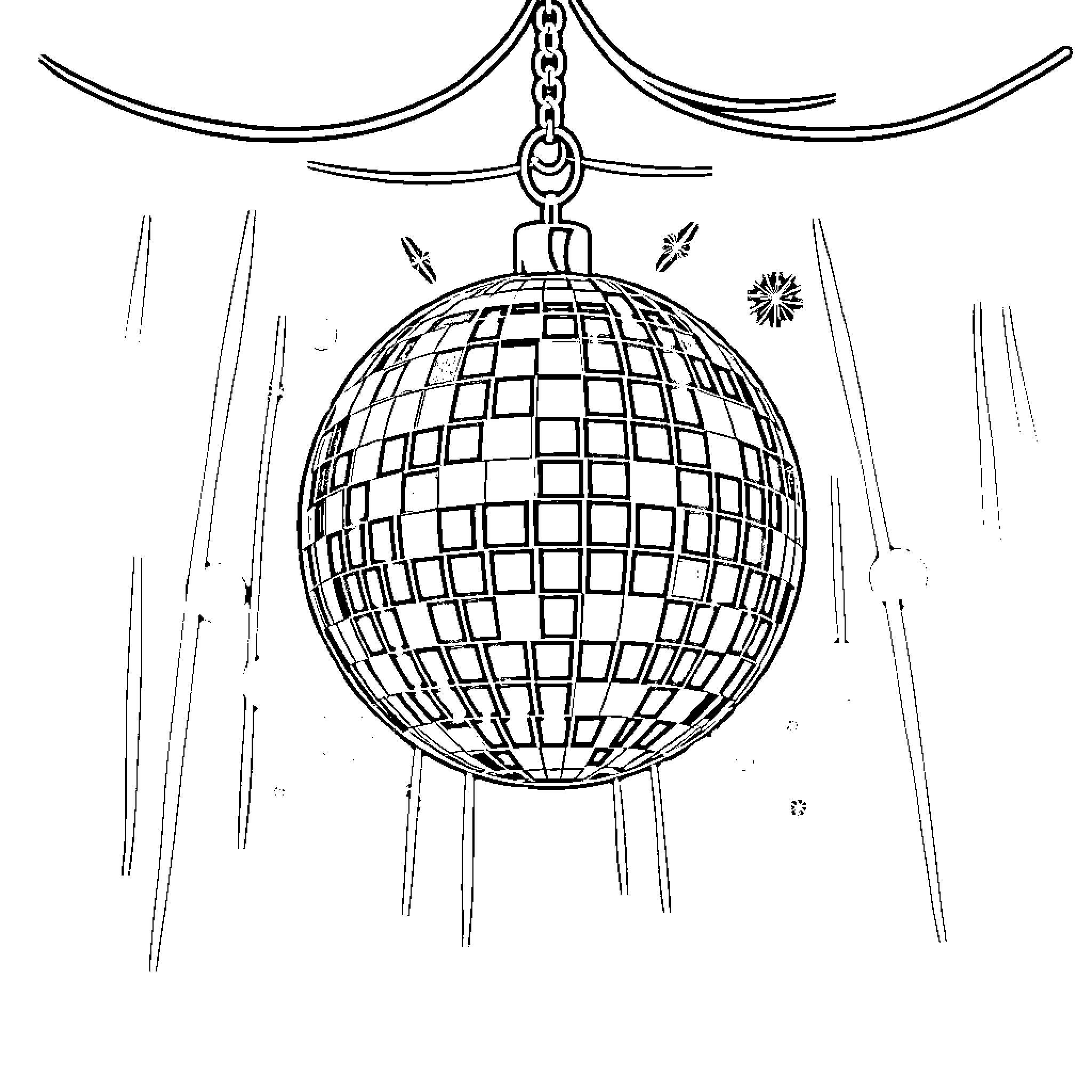 Disco Ball Hanging in a Festive Setting Coloring Page (free black-and-white line drawing printable PDF for all, from beginners to advanced learners, including children, teens, adults, and seniors)