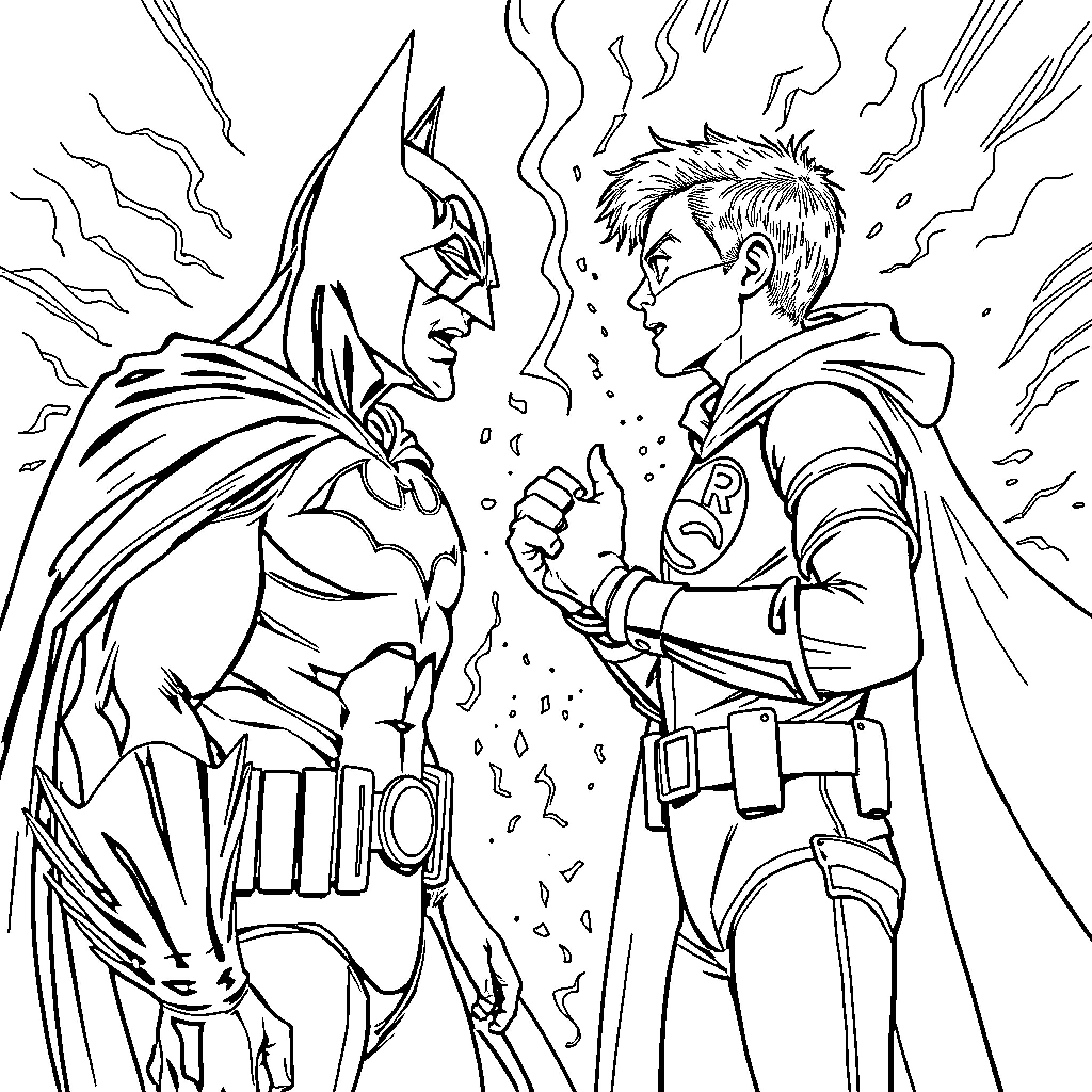Batman confronting a determined adversary Coloring Page (free black-and-white line drawing printable PDF for all, from beginners to advanced learners, including children, teens, adults, and seniors)