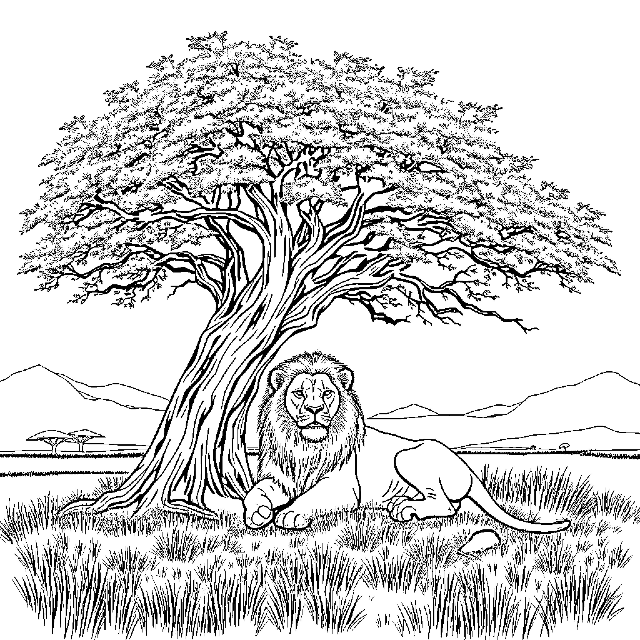 Lion resting under majestic tree in serene landscape Coloring Page (free black-and-white line drawing printable PDF for all, from beginners to advanced learners, including children, teens, adults, and seniors)