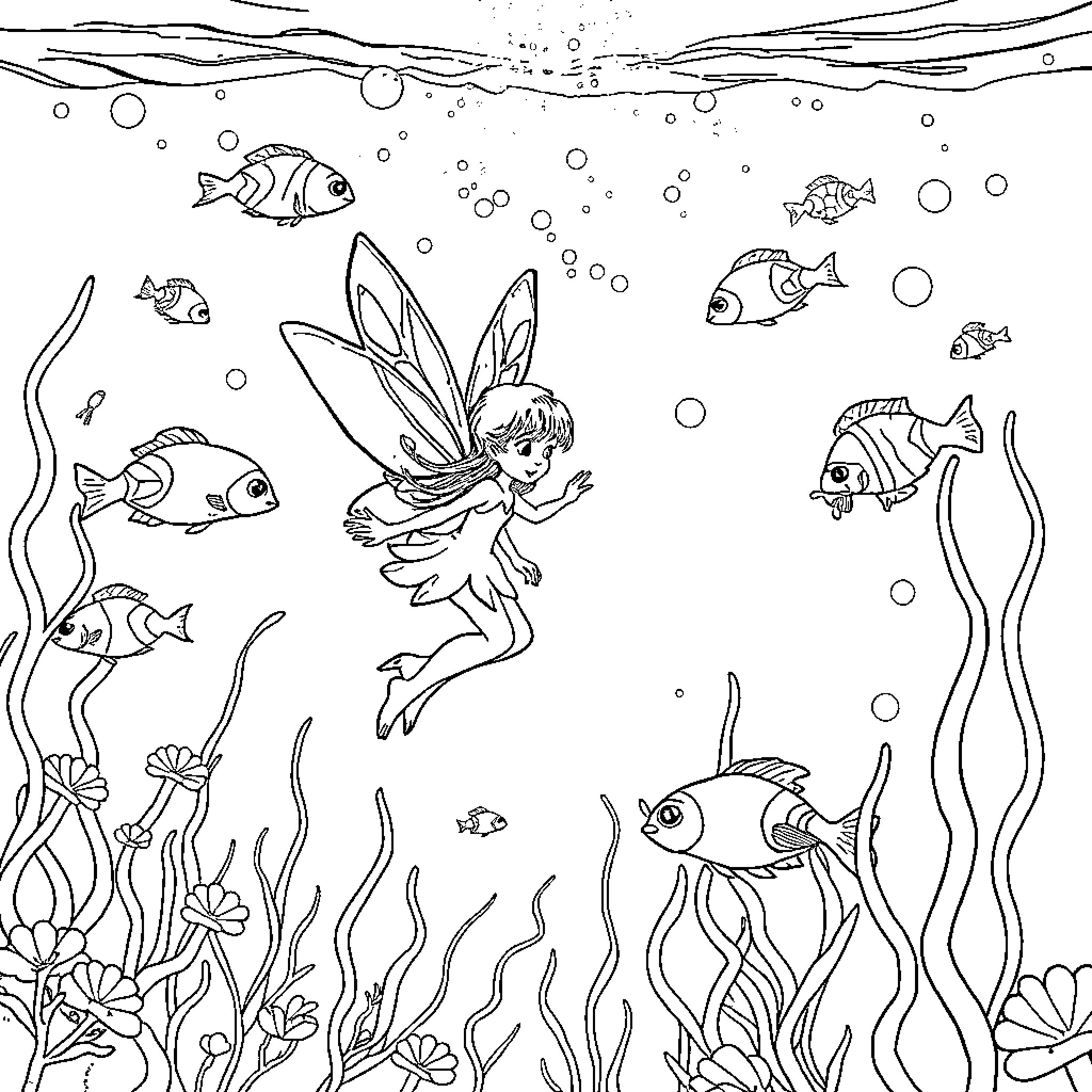 Fairy Enchanting Underwater World with Marine Life Coloring Page (free black-and-white line drawing printable PDF for all, from beginners to advanced learners, including children, teens, adults, and seniors)