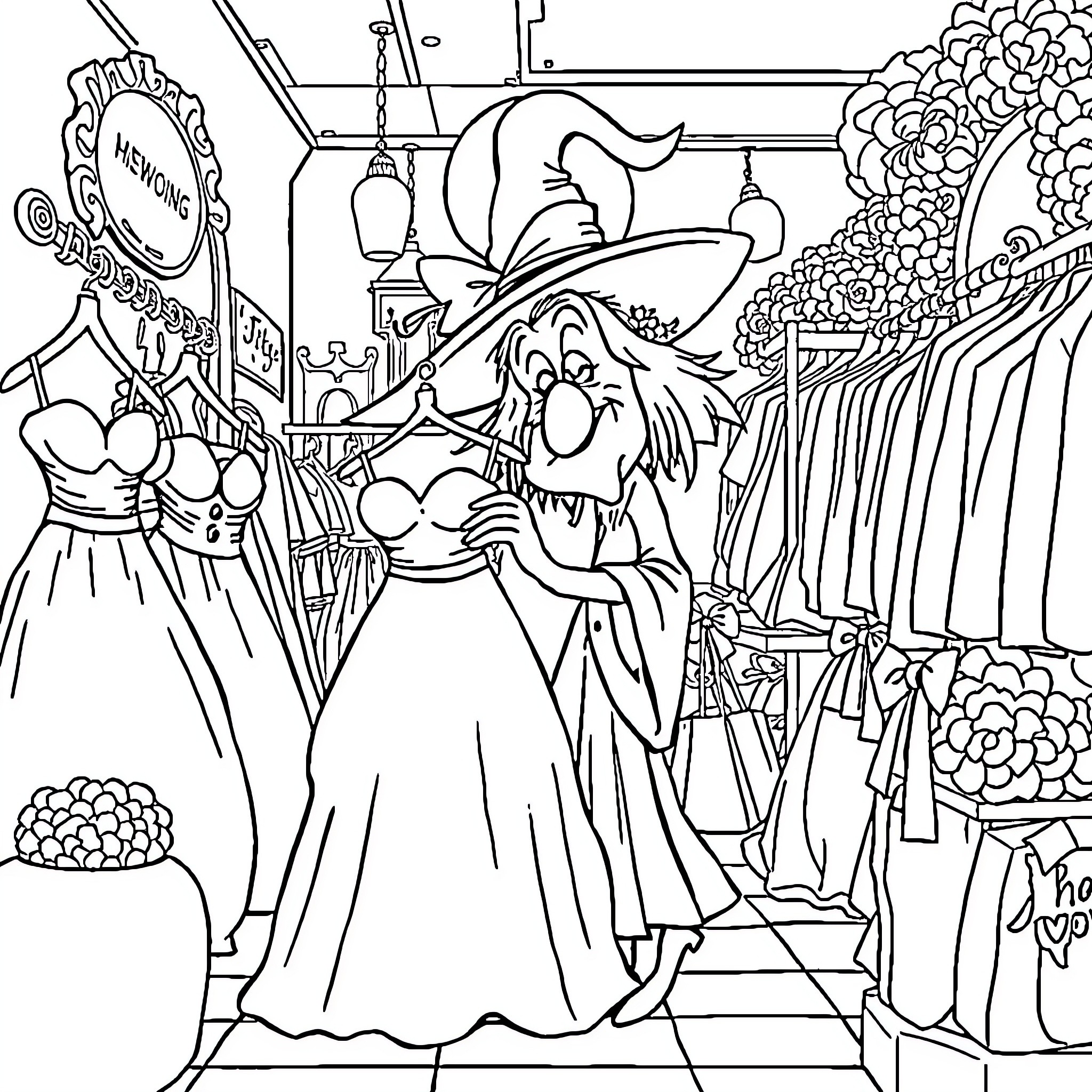 Witch's Enchanting Market Scene Coloring Page (free black-and-white line drawing printable PDF for all, from beginners to advanced learners, including children, teens, adults, and seniors)
