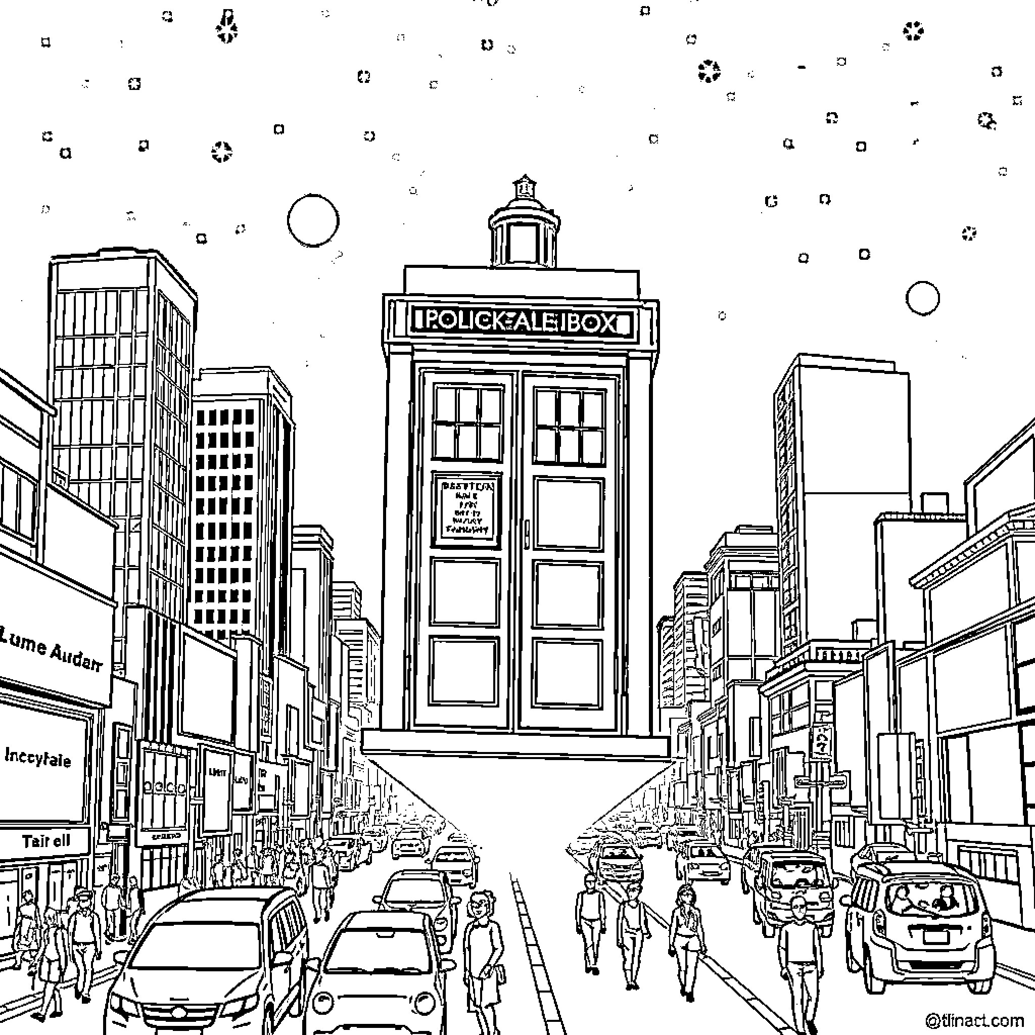 TARDIS in a bustling futuristic city Coloring Page (free black-and-white line drawing printable PDF for all, from beginners to advanced learners, including children, teens, adults, and seniors)