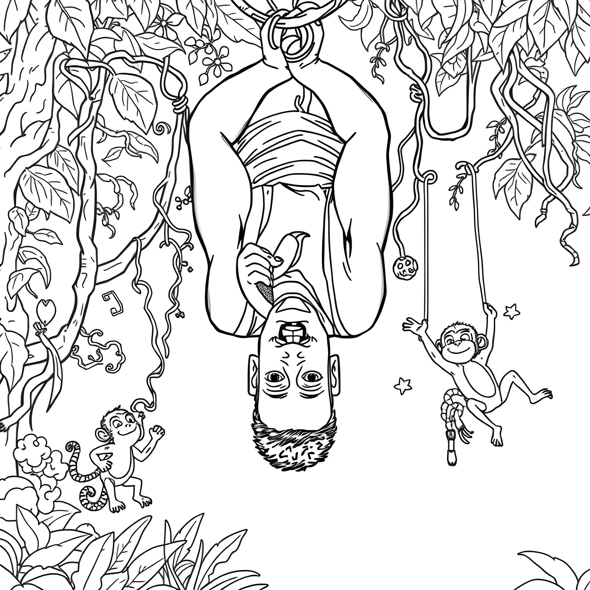 John Cena's Jungle Adventure with Monkeys and Vines Coloring Page (free black-and-white line drawing printable PDF for all, from beginners to advanced learners, including children, teens, adults, and seniors)