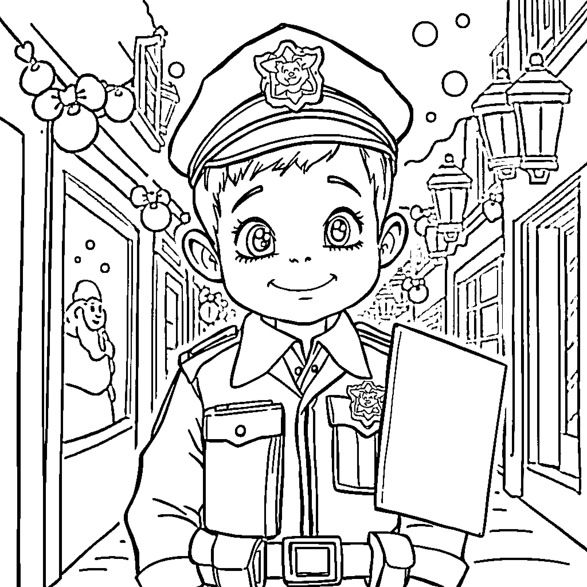 Niño policía sonriendo mientras camina por las calles Coloring Page (free black-and-white line drawing printable PDF for all, from beginners to advanced learners, including children, teens, adults, and seniors)