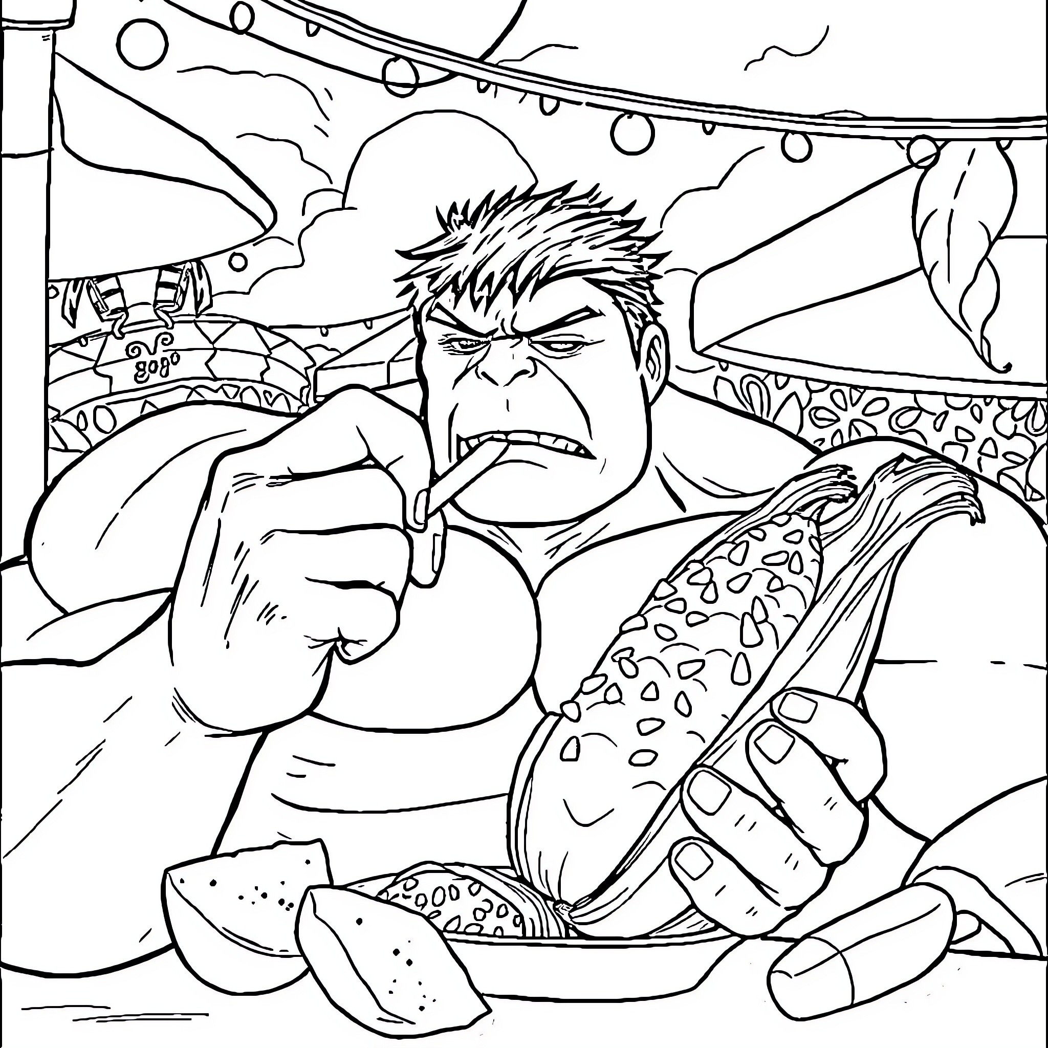 Hulk feasting on delicious food in vibrant outdoor setting Coloring Page (free black-and-white line drawing printable PDF for all, from beginners to advanced learners, including children, teens, adults, and seniors)