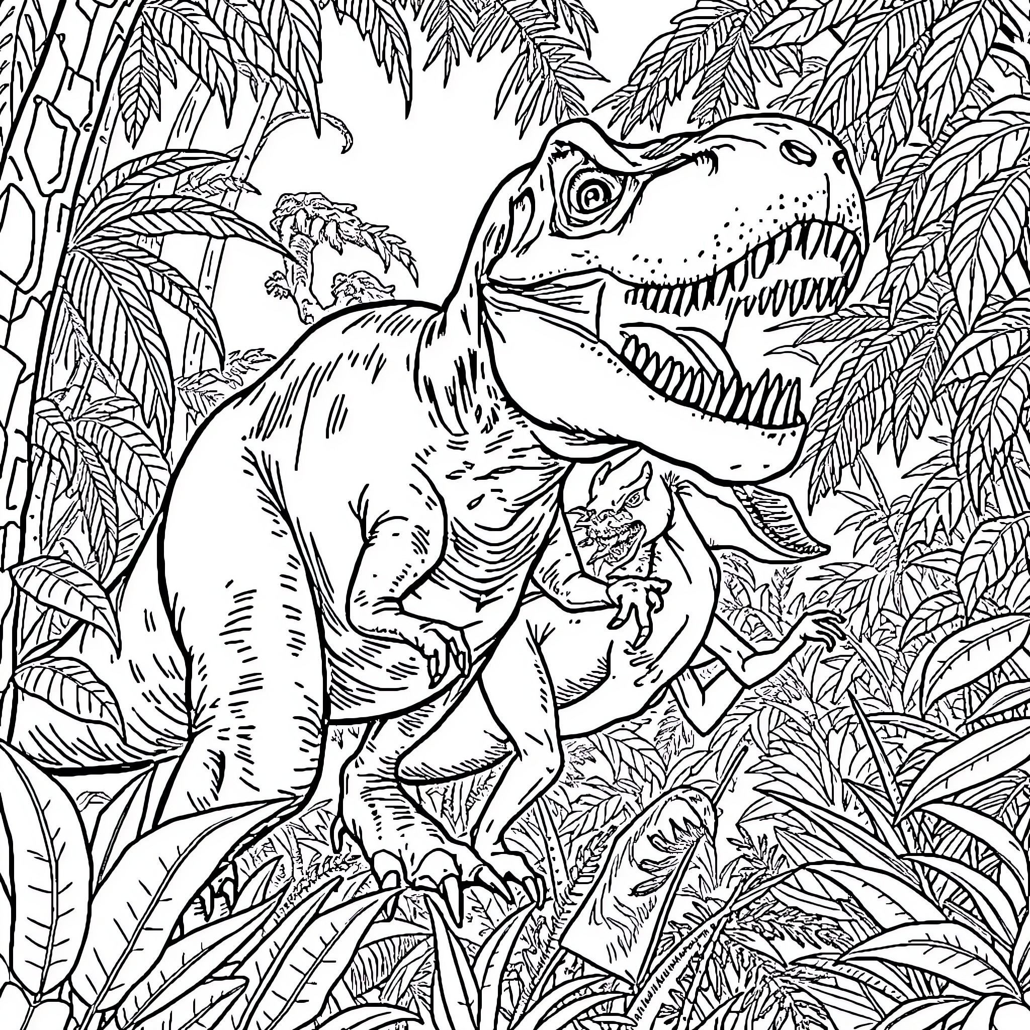 Dinosaur in a lush jungle landscape Coloring Page (free black-and-white line drawing printable PDF for all, from beginners to advanced learners, including children, teens, adults, and seniors)