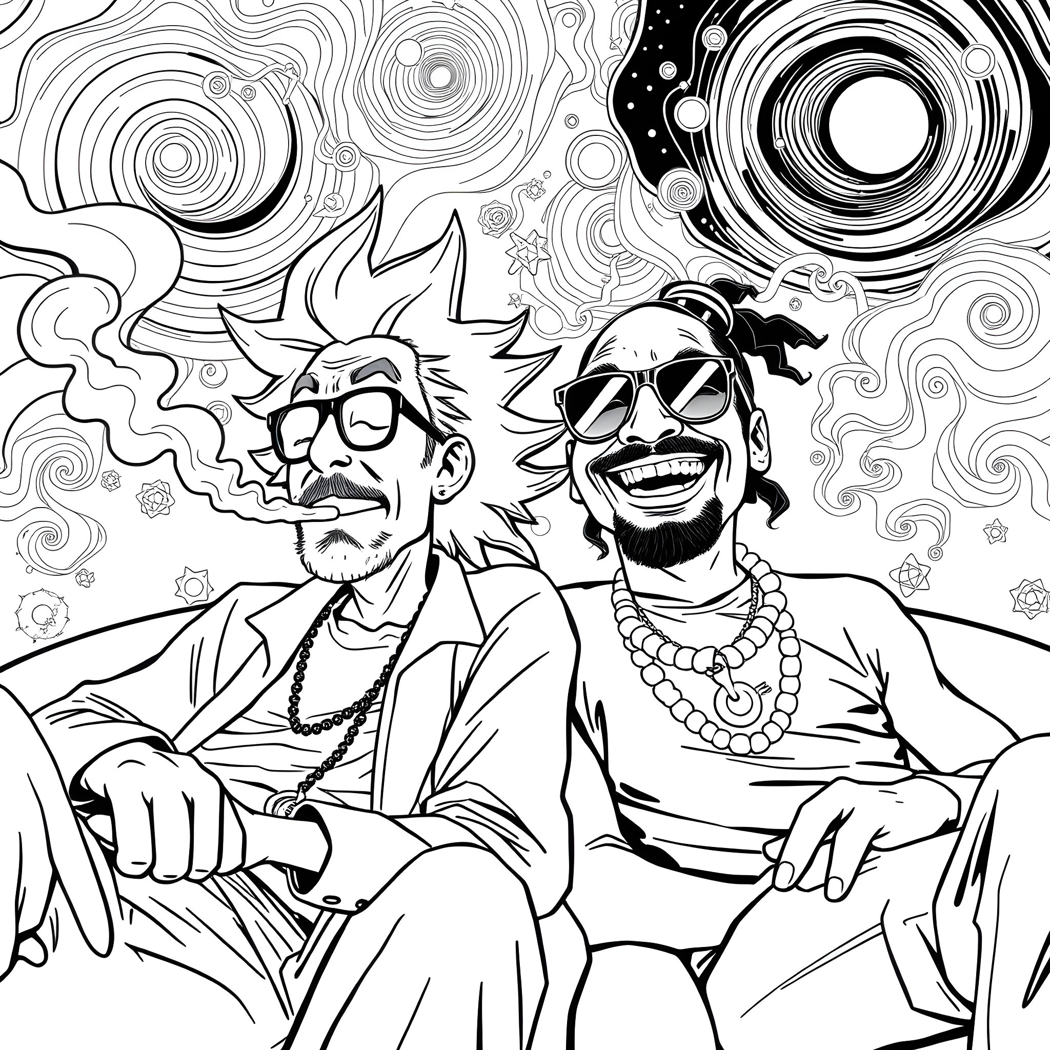Rick Sanchez and Morty Smith's Cosmic Adventures Coloring Page (free black-and-white line drawing printable PDF for all, from beginners to advanced learners, including children, teens, adults, and seniors)