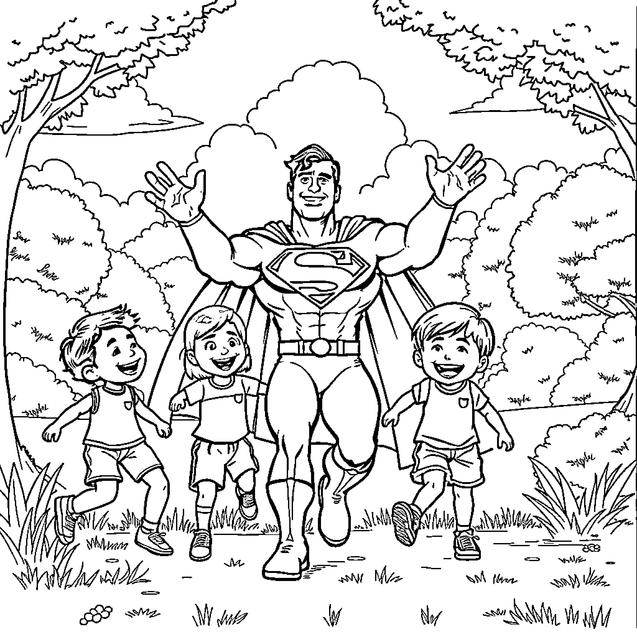 Superman Playing Happily with Children in the Park Coloring Page (free black-and-white line drawing printable PDF for all, from beginners to advanced learners, including children, teens, adults, and seniors)