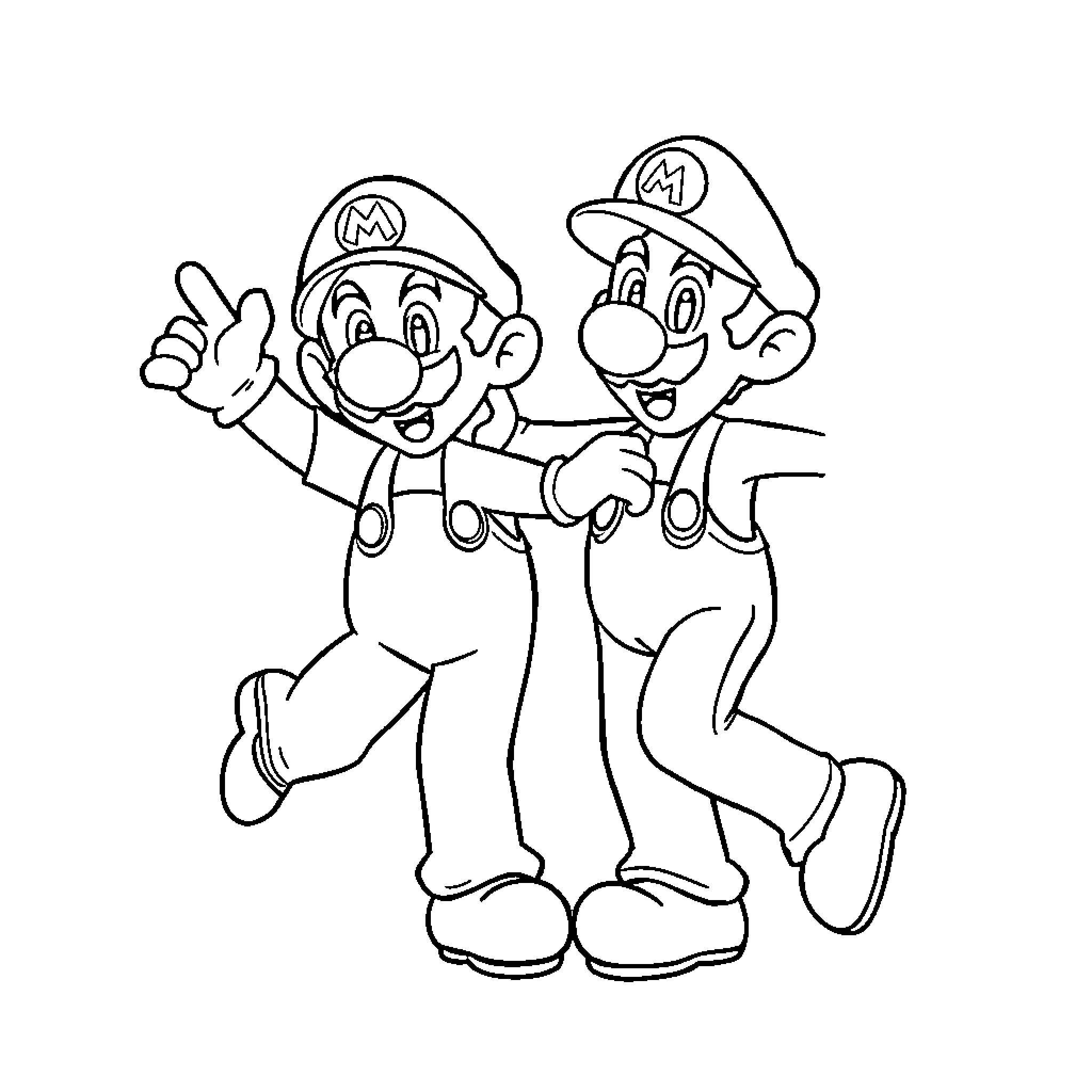 Mario and Luigi in Playful Poses Coloring Page (free black-and-white line drawing printable PDF for all, from beginners to advanced learners, including children, teens, adults, and seniors)