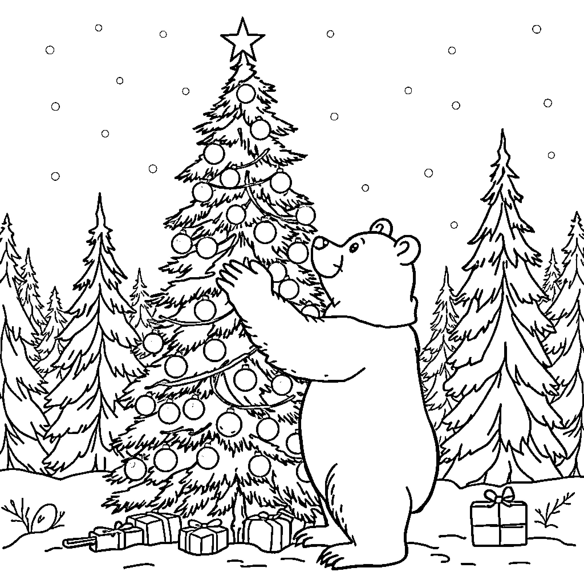 Bear decorating Christmas tree in snowy forest Coloring Page (free black-and-white line drawing printable PDF for all, from beginners to advanced learners, including children, teens, adults, and seniors)