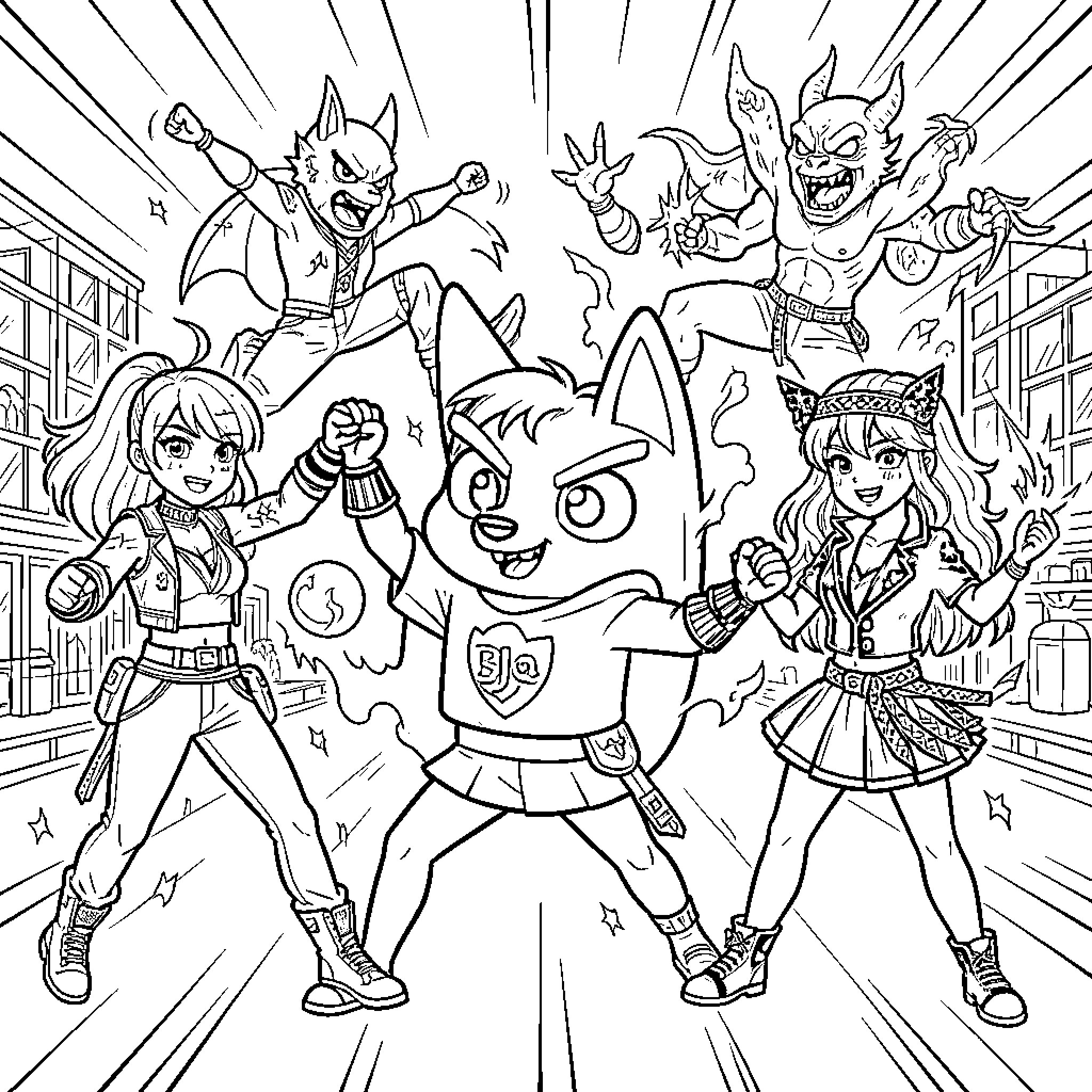 Bluey and friends in a dynamic comic-style adventure Coloring Page (free black-and-white line drawing printable PDF for all, from beginners to advanced learners, including children, teens, adults, and seniors)