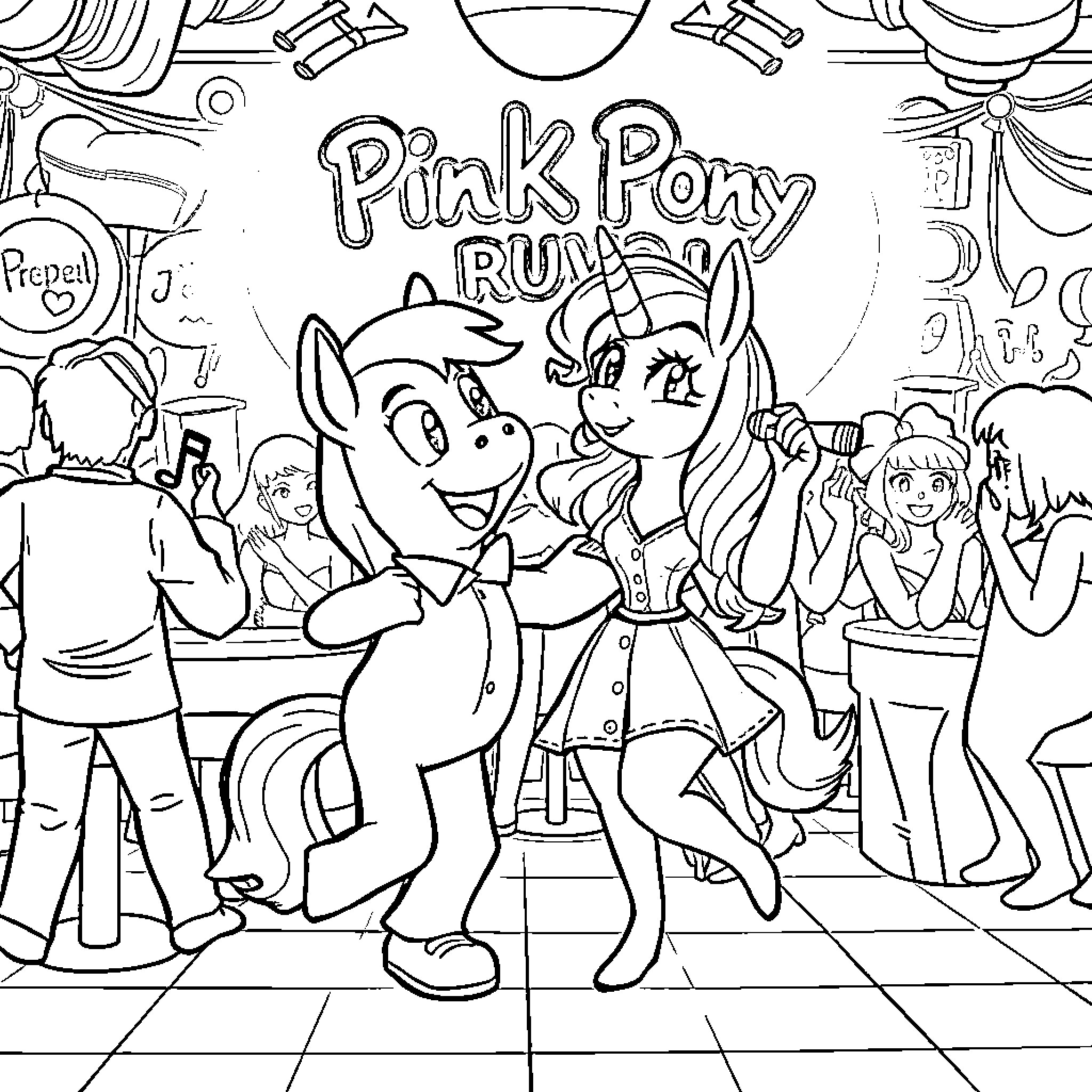 Tom Nook and the Pink Pony Run Coloring Page (free black-and-white line drawing printable PDF for all, from beginners to advanced learners, including children, teens, adults, and seniors)