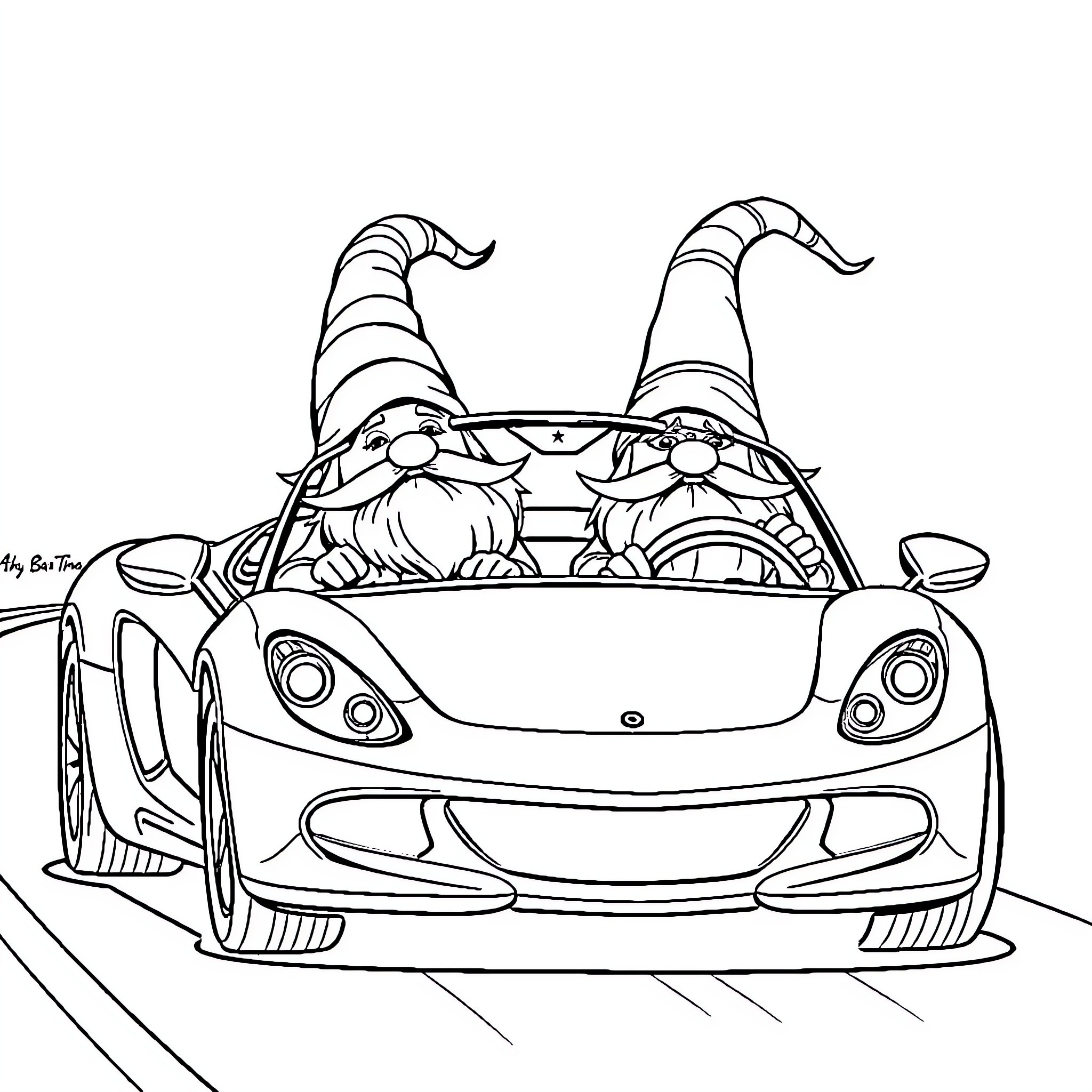 Gnome Duo Driving Fancy Sports Car Coloring Page (free black-and-white line drawing printable PDF for all, from beginners to advanced learners, including children, teens, adults, and seniors)