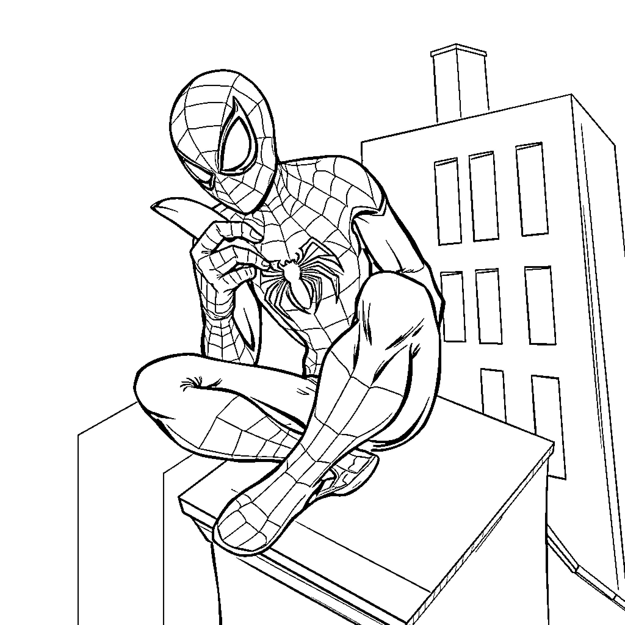 Spiderman sitting on a building in the city Coloring Page (free black-and-white line drawing printable PDF for all, from beginners to advanced learners, including children, teens, adults, and seniors)