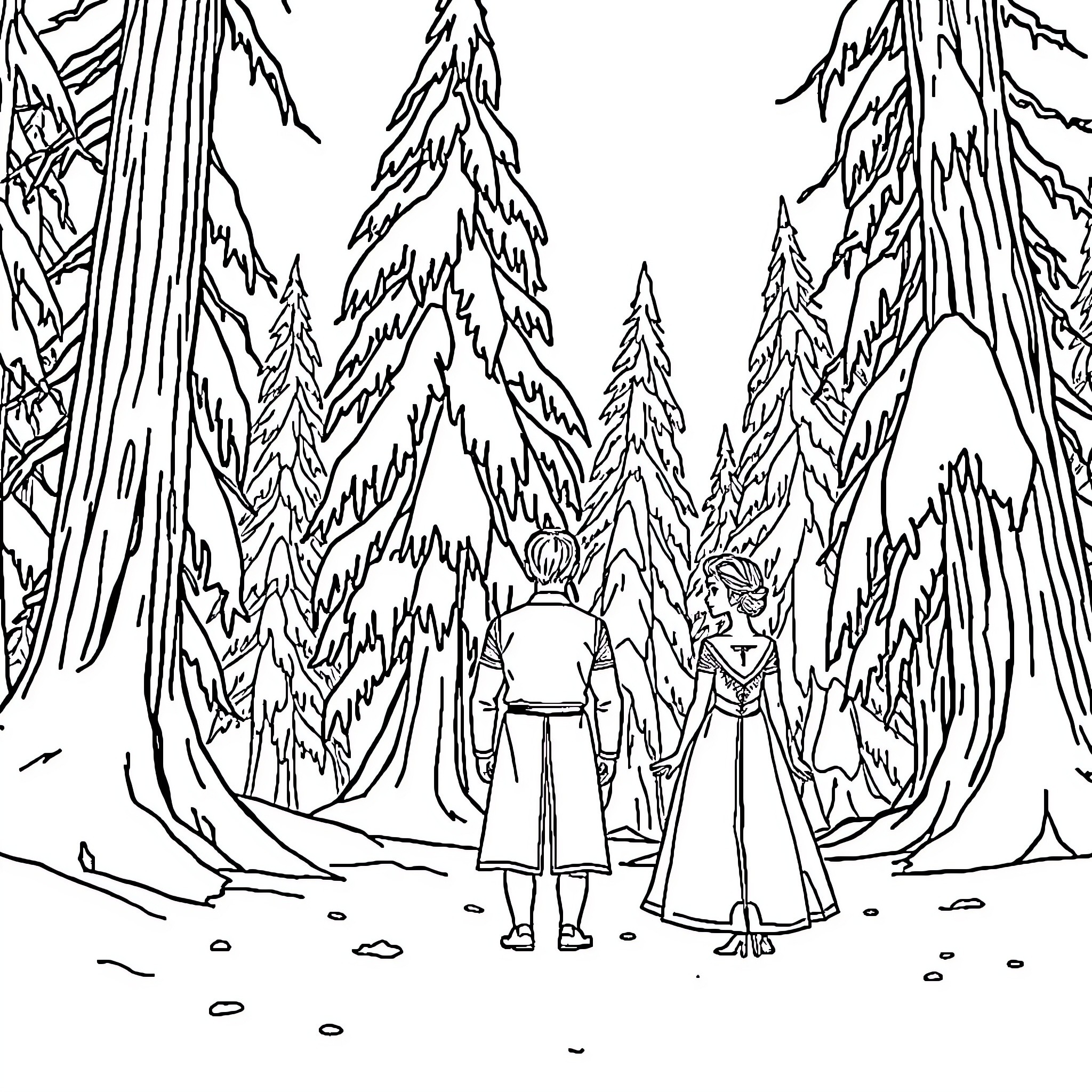 Frozen winter adventure in snowy mountain forest Coloring Page (free black-and-white line drawing printable PDF for all, from beginners to advanced learners, including children, teens, adults, and seniors)