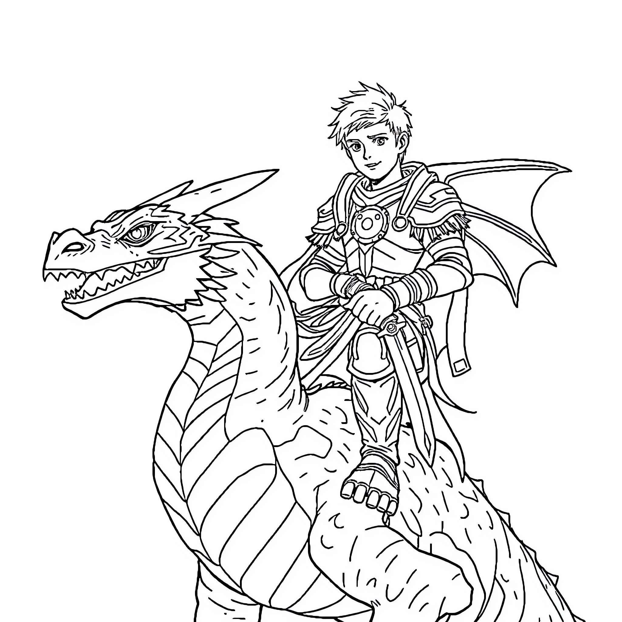 Guy riding a mighty dragon in fantasy attire Coloring Page (free black-and-white line drawing printable PDF for all, from beginners to advanced learners, including children, teens, adults, and seniors)