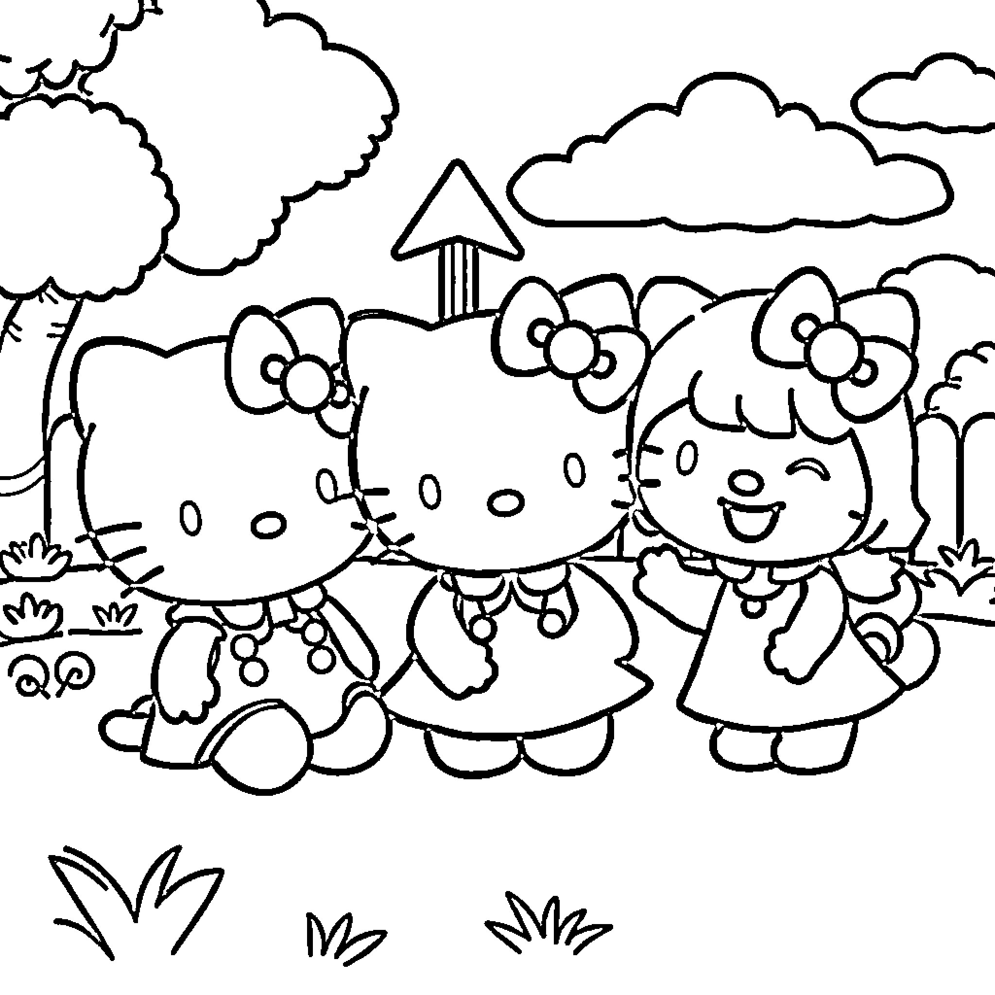 Hello Kitty playing happily with friends in the park Coloring Page (free black-and-white line drawing printable PDF for all, from beginners to advanced learners, including children, teens, adults, and seniors)