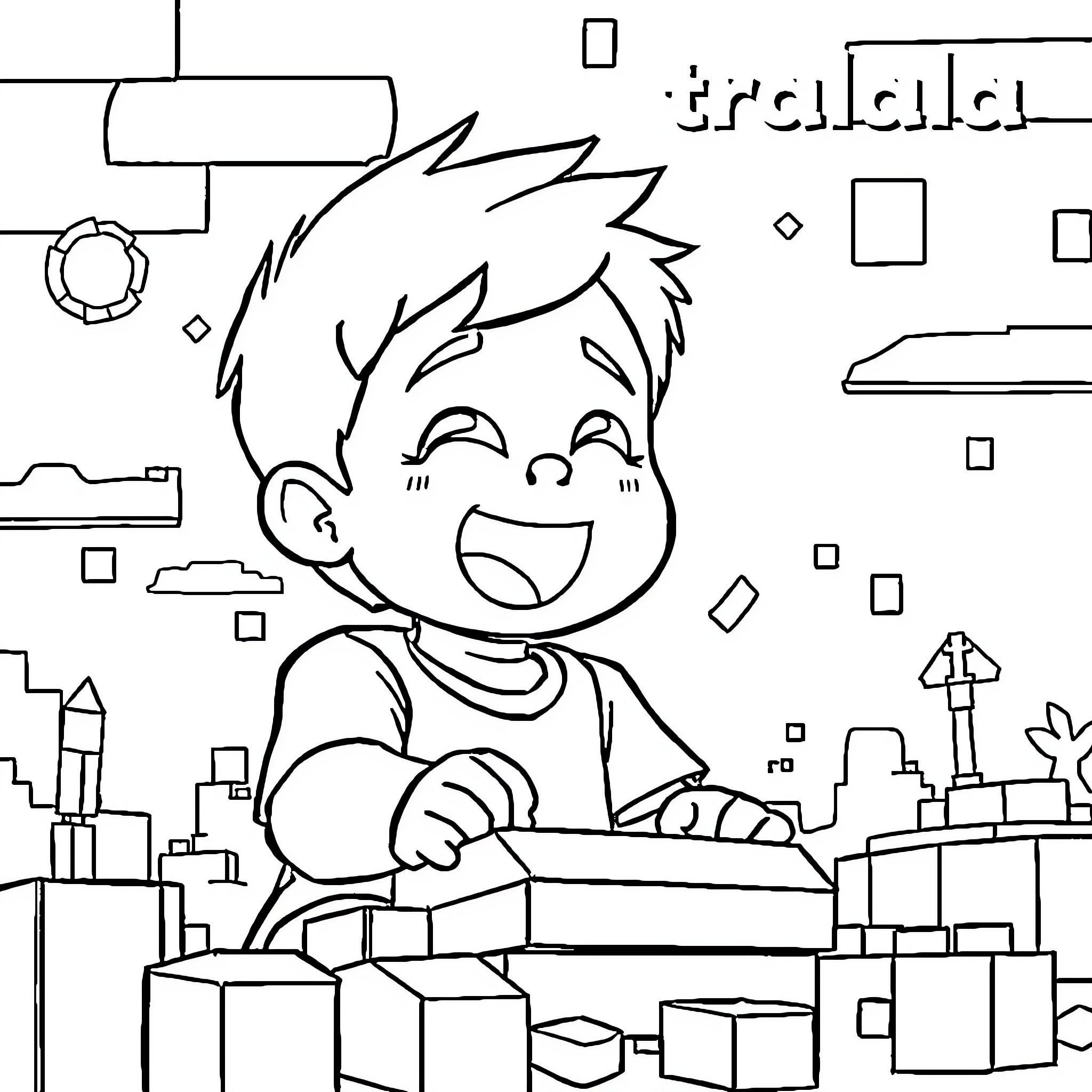 Minecraft Character Building Playfully with Blocks Coloring Page (free black-and-white line drawing printable PDF for all, from beginners to advanced learners, including children, teens, adults, and seniors)
