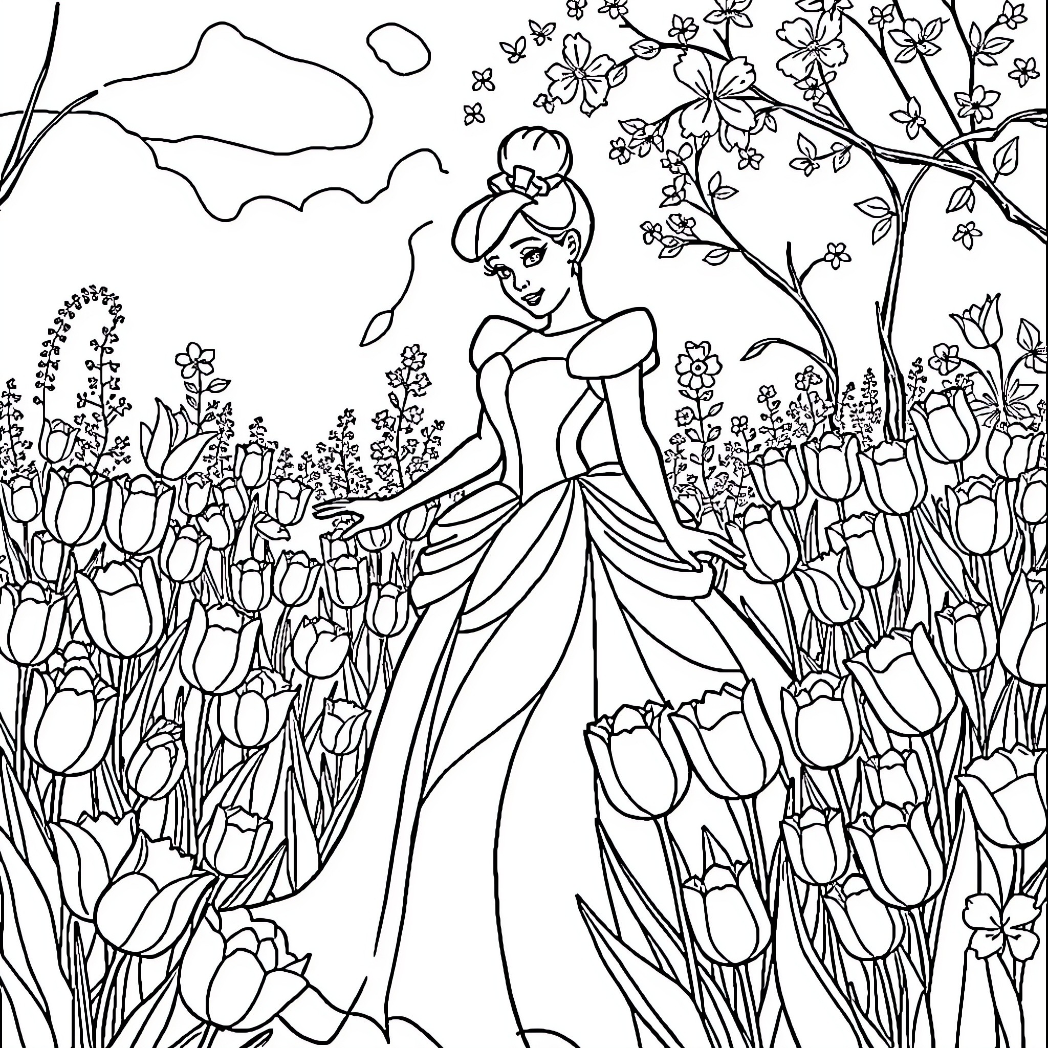 Cinderella's Enchanted Garden Adventure Coloring Page (free black-and-white line drawing printable PDF for all, from beginners to advanced learners, including children, teens, adults, and seniors)