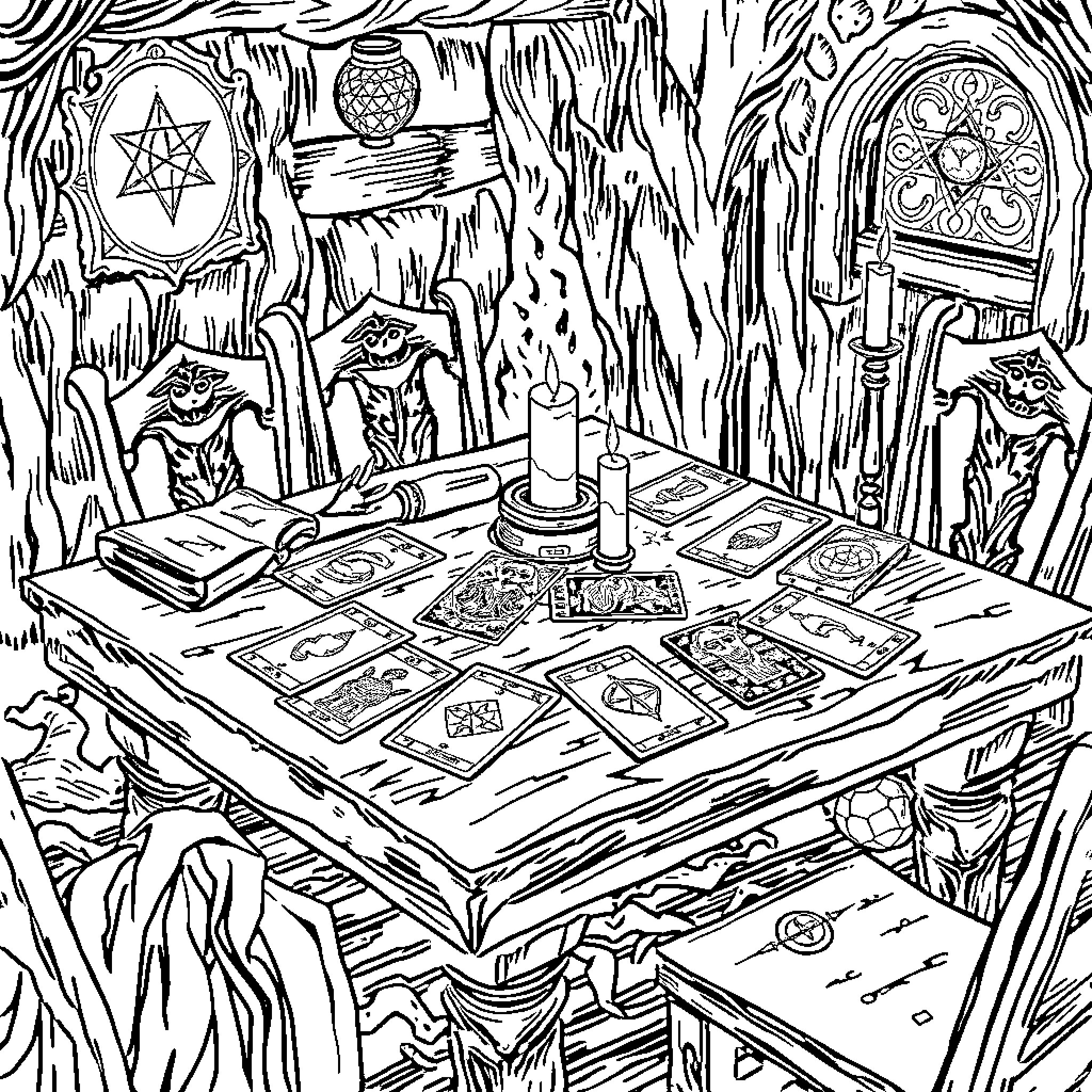Tarot: Mystical Symbols and Rituals in the Enchanted Forest Coloring Page (free black-and-white line drawing printable PDF for all, from beginners to advanced learners, including children, teens, adults, and seniors)