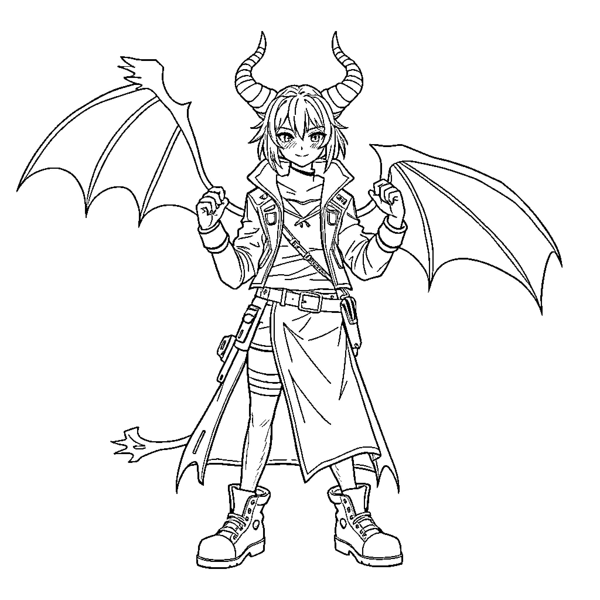 Huntrix Demon's Warrior in Battle Attire Coloring Page (free black-and-white line drawing printable PDF for all, from beginners to advanced learners, including children, teens, adults, and seniors)