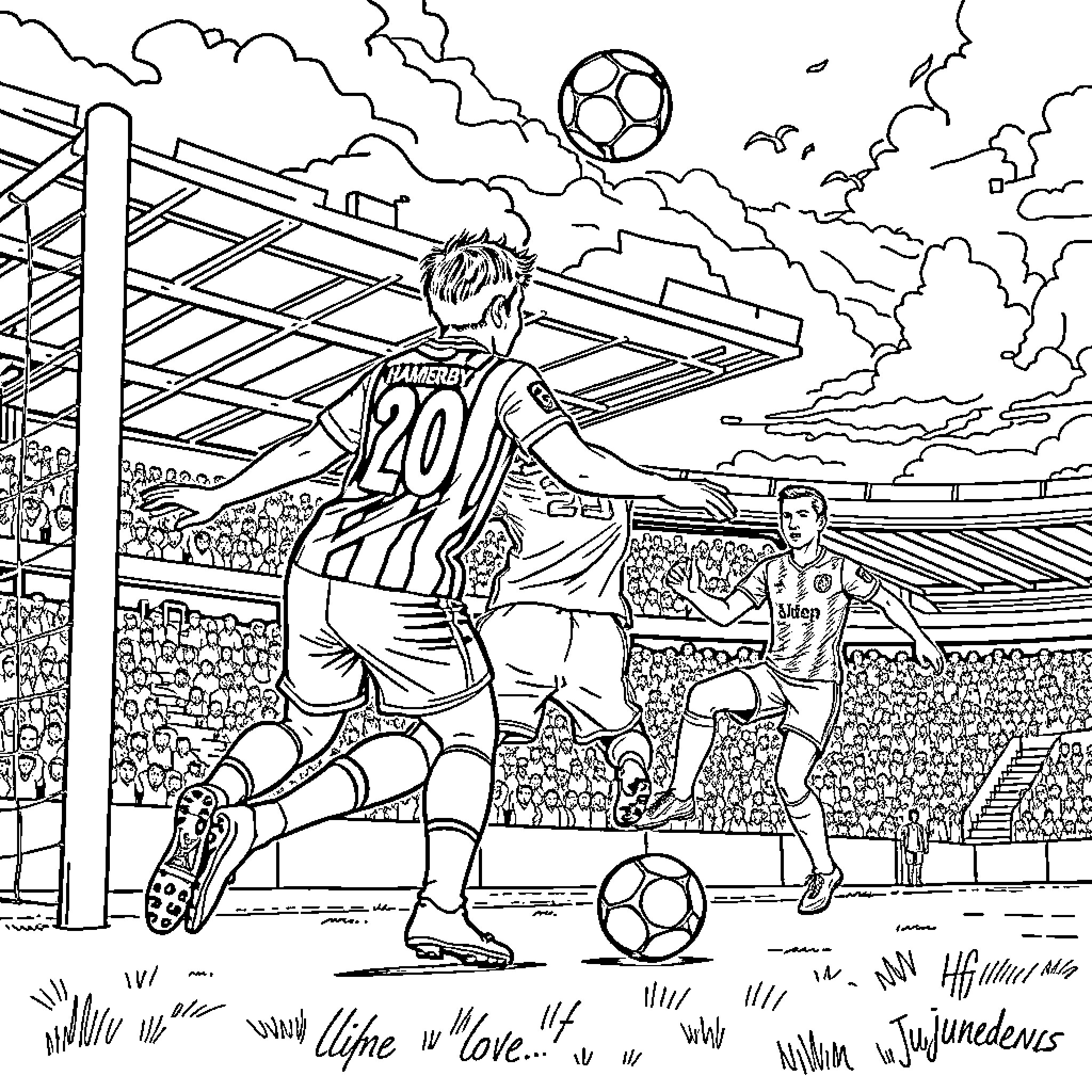 Hammarby IF soccer players in action on the field Coloring Page (free black-and-white line drawing printable PDF for all, from beginners to advanced learners, including children, teens, adults, and seniors)