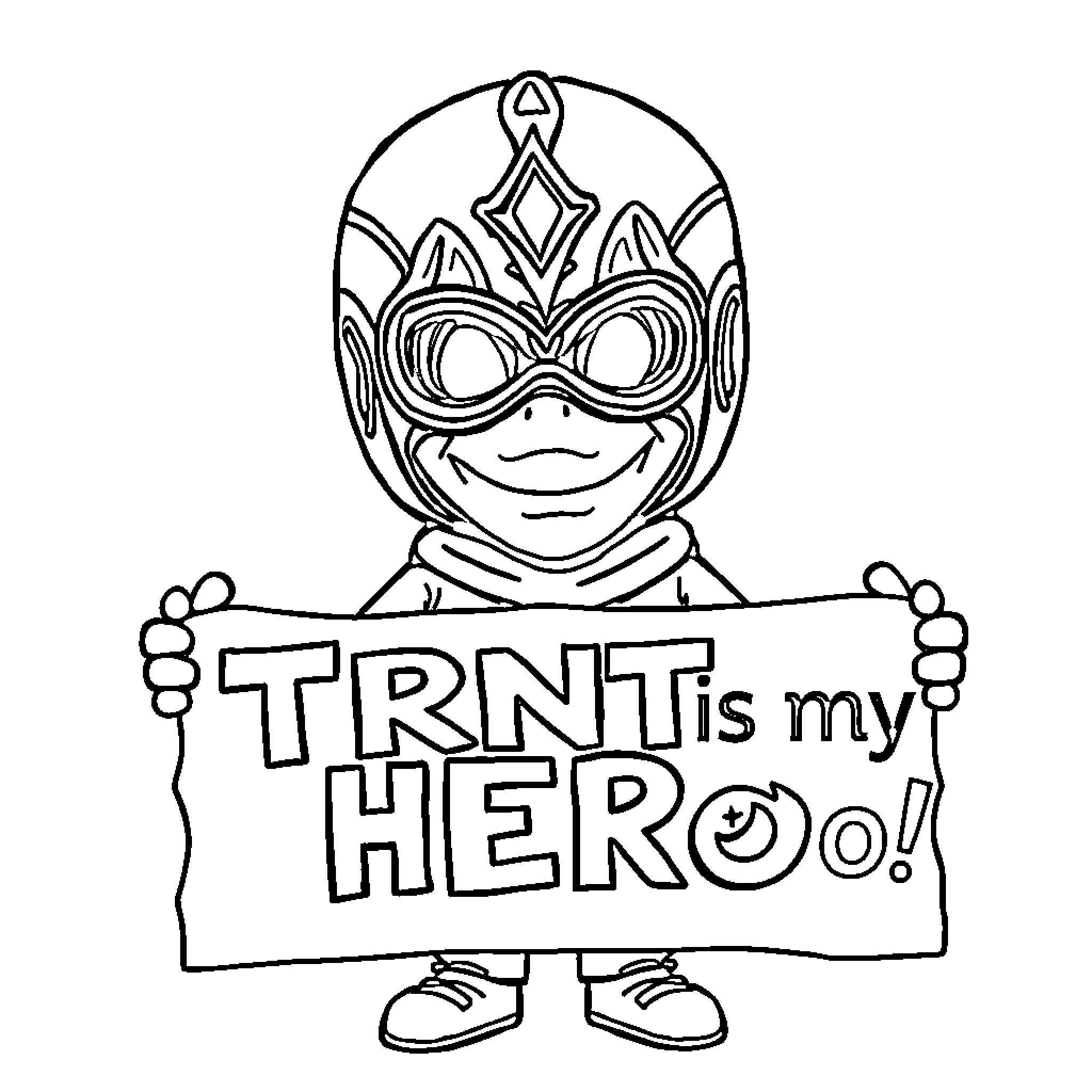 Luchador with a banner declaring their heroism Coloring Page (free black-and-white line drawing printable PDF for all, from beginners to advanced learners, including children, teens, adults, and seniors)