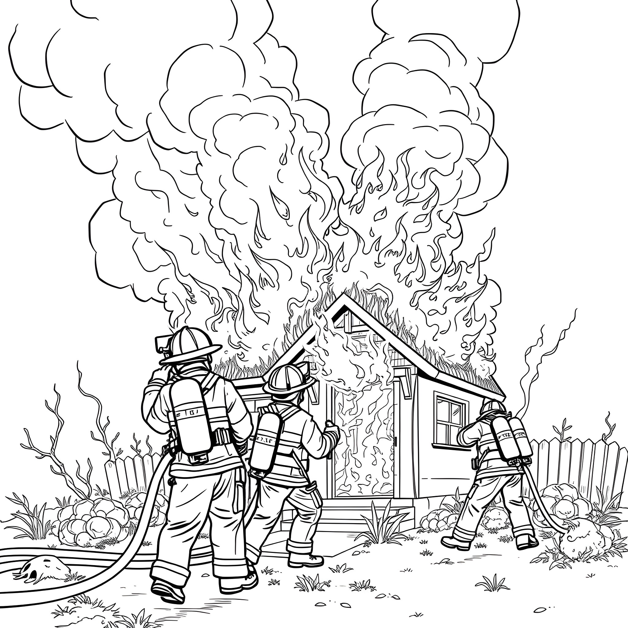 Firefighters battling a raging house fire Coloring Page (free black-and-white line drawing printable PDF for all, from beginners to advanced learners, including children, teens, adults, and seniors)
