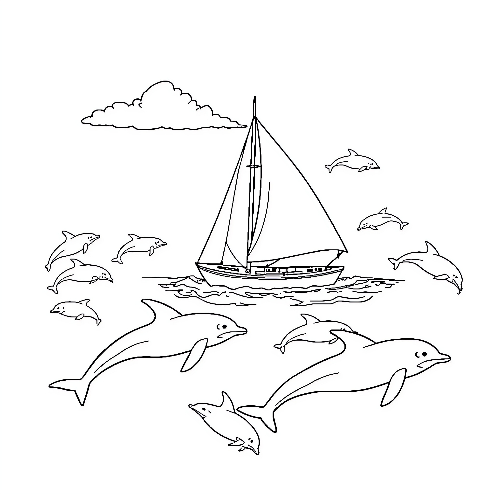 Sailboat sailing amidst dolphins and whales Coloring Page (free black-and-white line drawing printable PDF for all, from beginners to advanced learners, including children, teens, adults, and seniors)