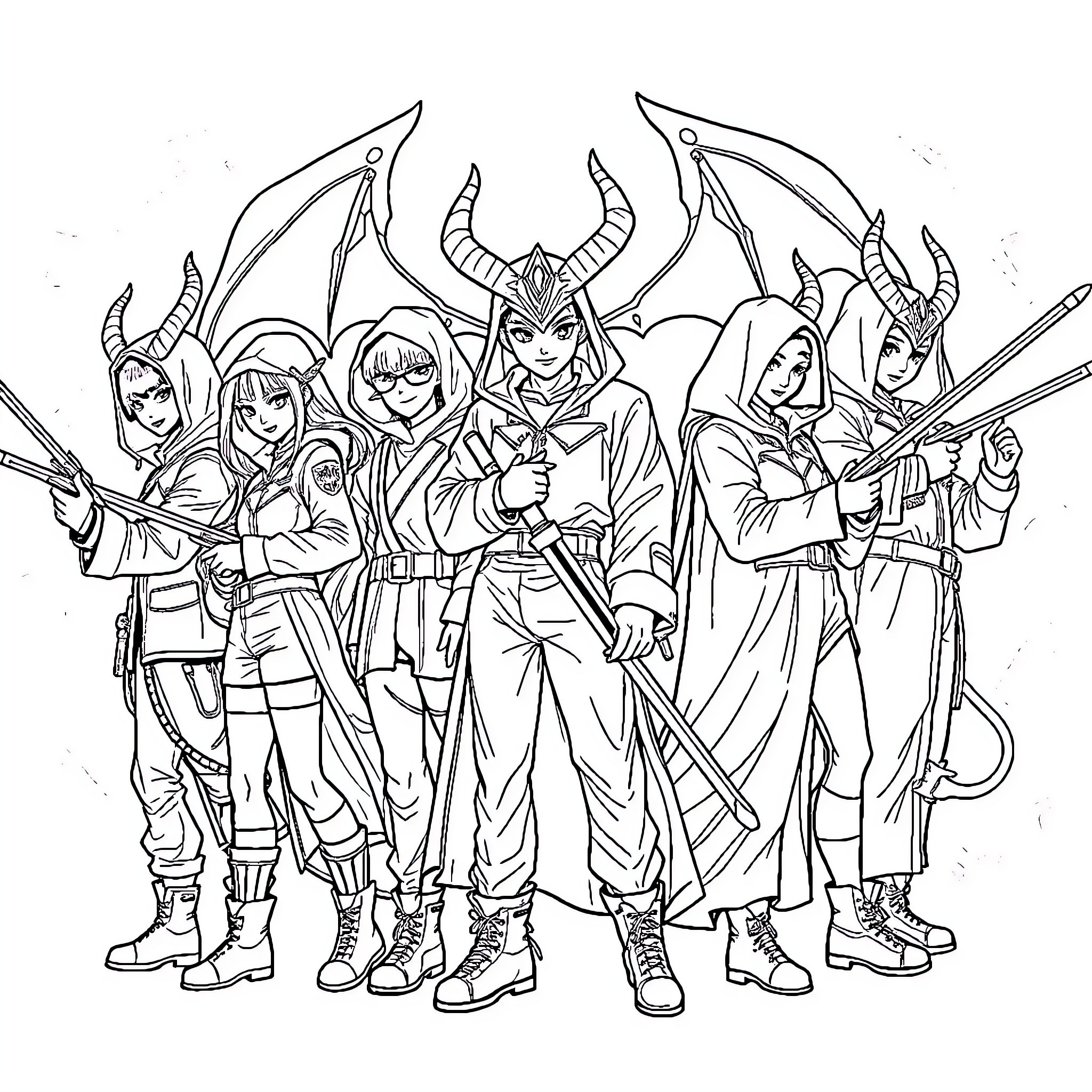 Demon Hunter group in battle-ready poses Coloring Page (free black-and-white line drawing printable PDF for all, from beginners to advanced learners, including children, teens, adults, and seniors)