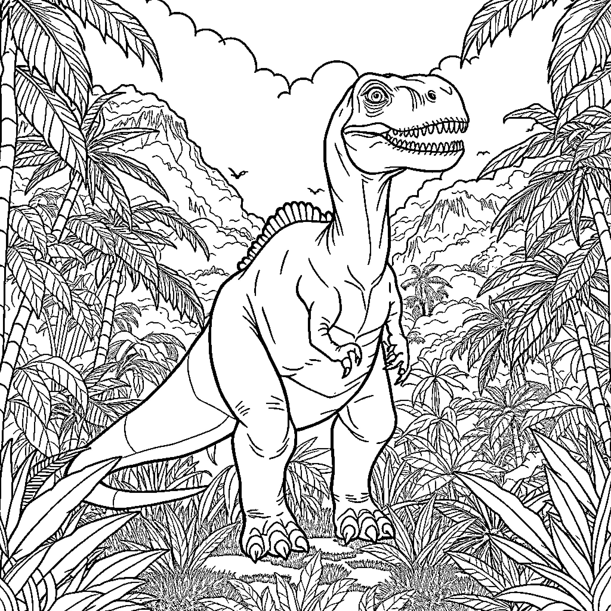 Dinosaur exploring lush prehistoric landscape Coloring Page (free black-and-white line drawing printable PDF for all, from beginners to advanced learners, including children, teens, adults, and seniors)
