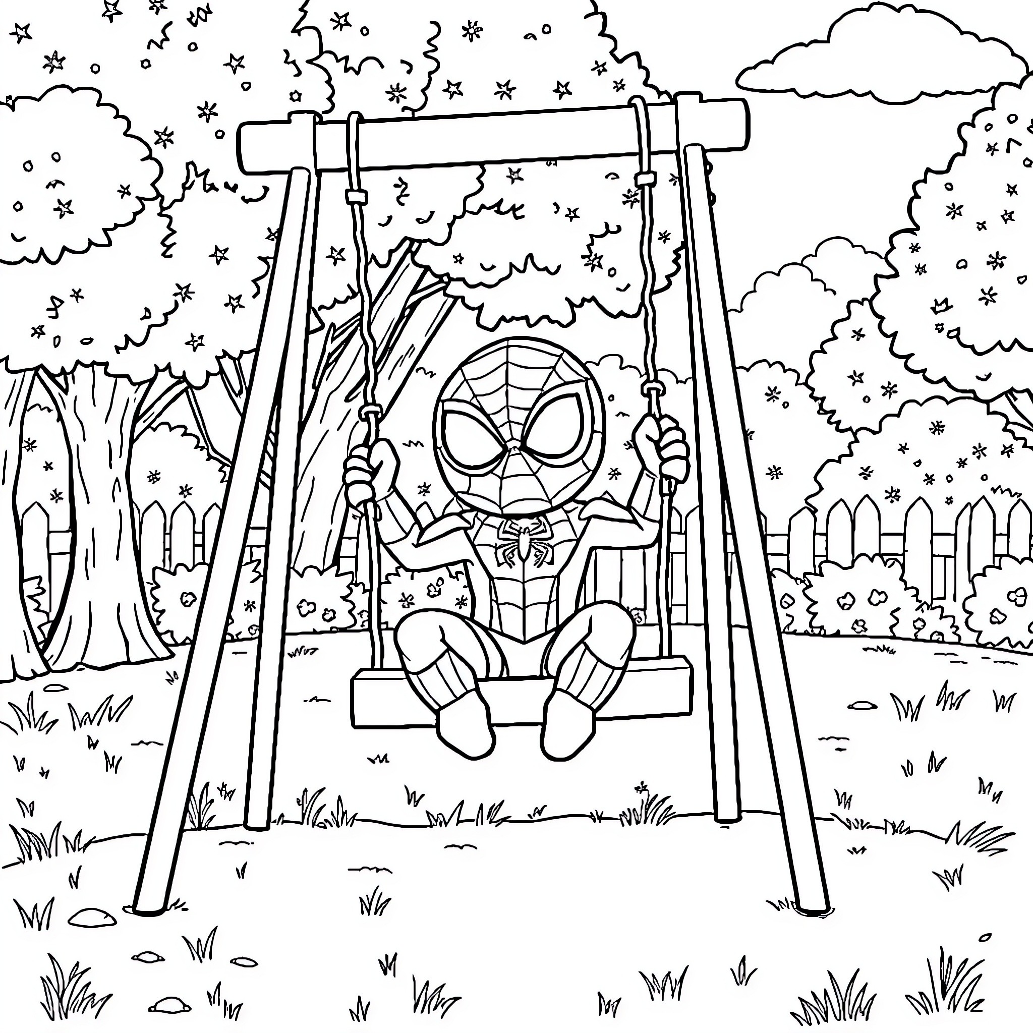 Baby Spidey enjoying a swing in the forest Coloring Page (free black-and-white line drawing printable PDF for all, from beginners to advanced learners, including children, teens, adults, and seniors)