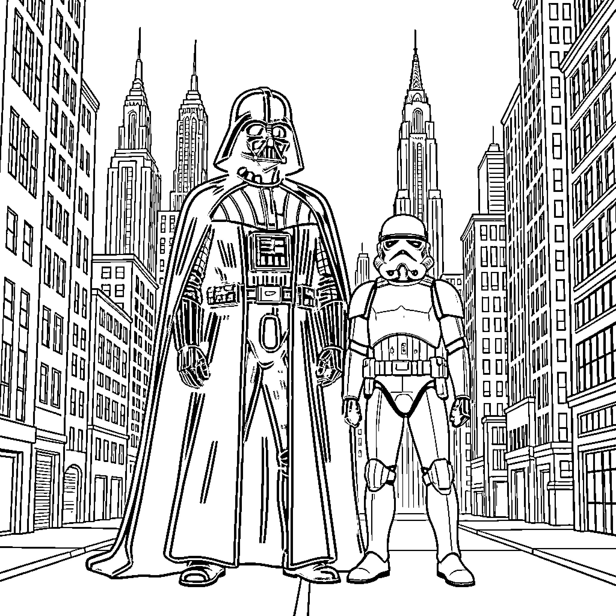 Darth Vader and a stormtrooper standing in a city street Coloring Page (free black-and-white line drawing printable PDF for all, from beginners to advanced learners, including children, teens, adults, and seniors)