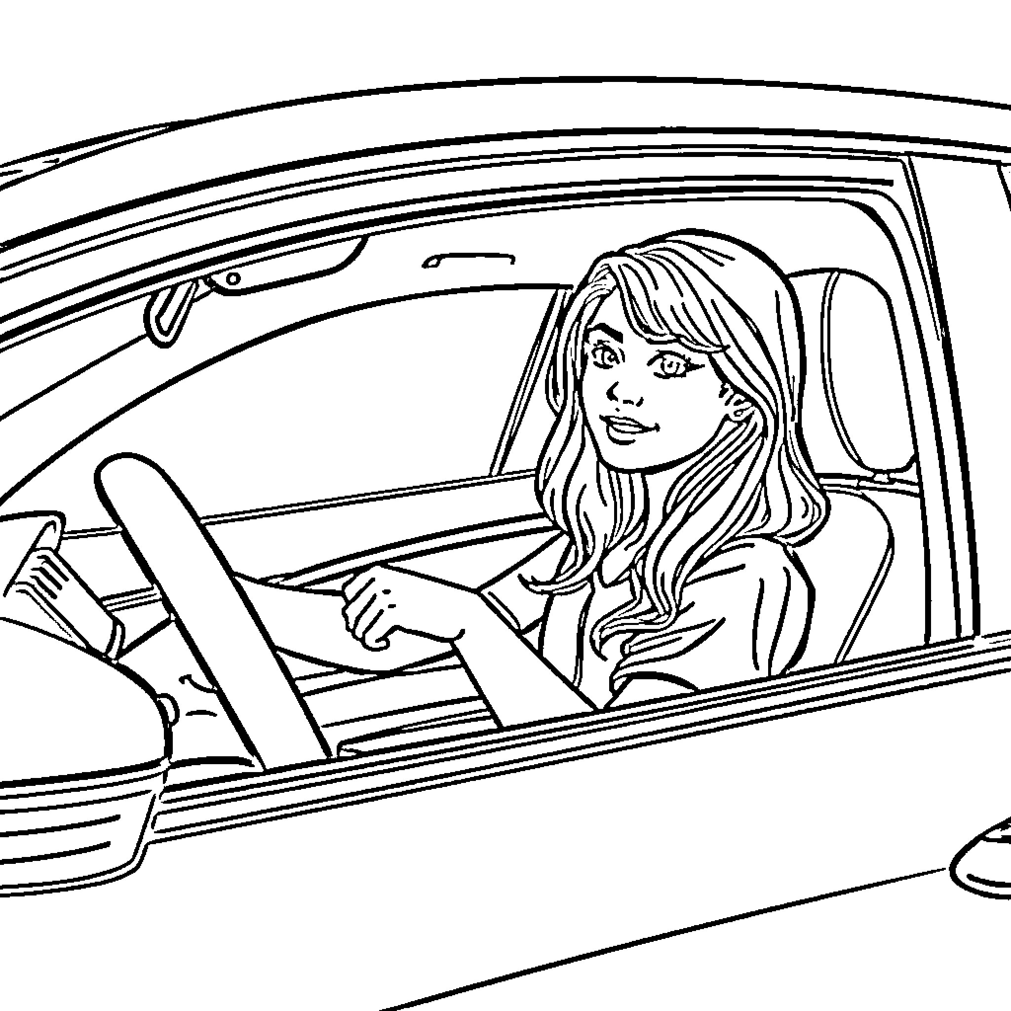 Lady driving a car with a friendly smile Coloring Page (free black-and-white line drawing printable PDF for all, from beginners to advanced learners, including children, teens, adults, and seniors)