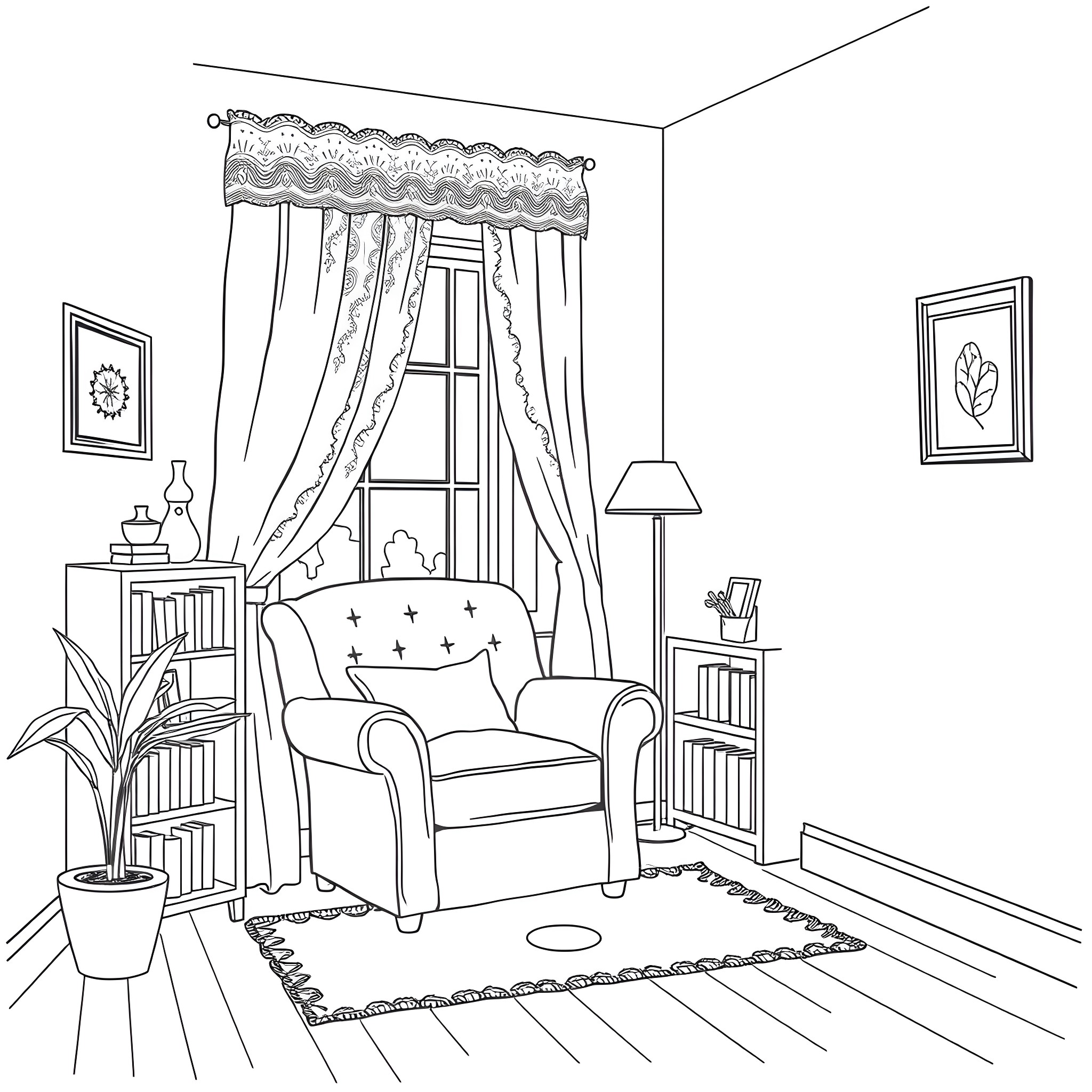 Corner Room with Cozy Furnishings and Decor Coloring Page (free black-and-white line drawing printable PDF for all, from beginners to advanced learners, including children, teens, adults, and seniors)