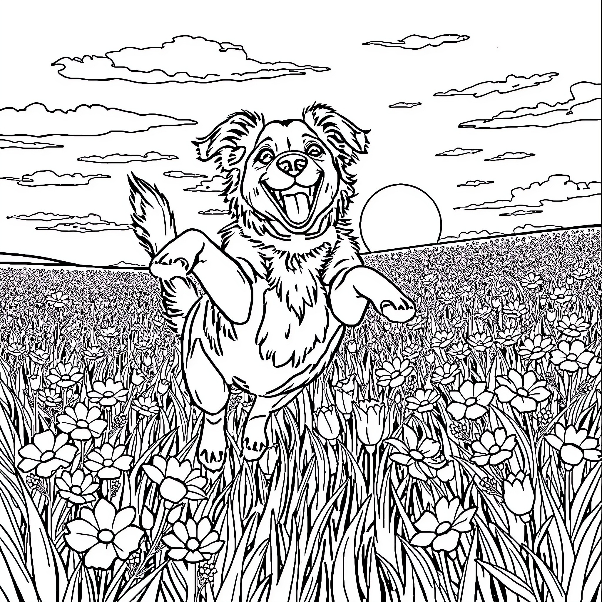 Dog playing happily in a flower field Coloring Page (free black-and-white line drawing printable PDF for all, from beginners to advanced learners, including children, teens, adults, and seniors)