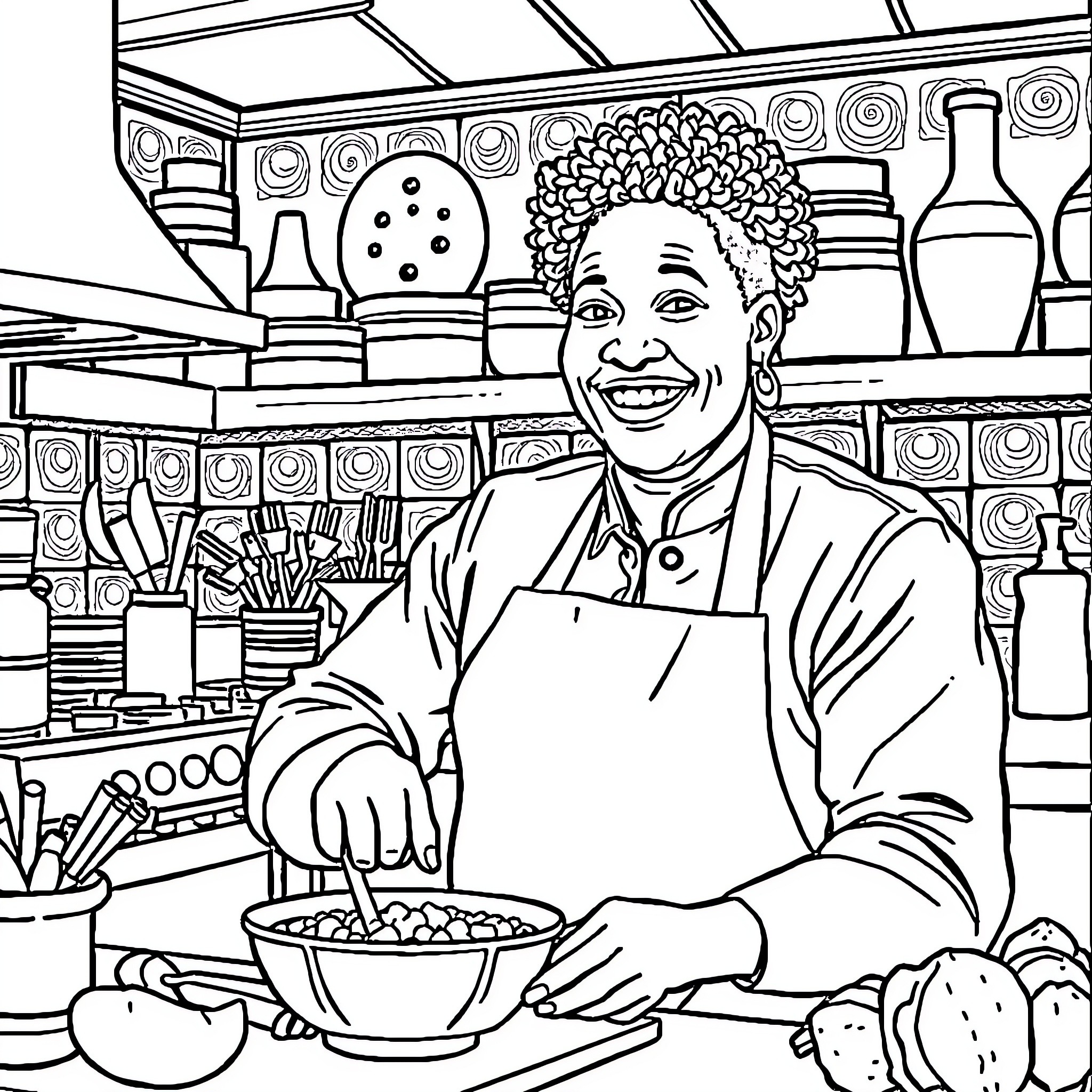 Ainsley Harriott Cooking with Enthusiasm in the Kitchen Coloring Page (free black-and-white line drawing printable PDF for all, from beginners to advanced learners, including children, teens, adults, and seniors)