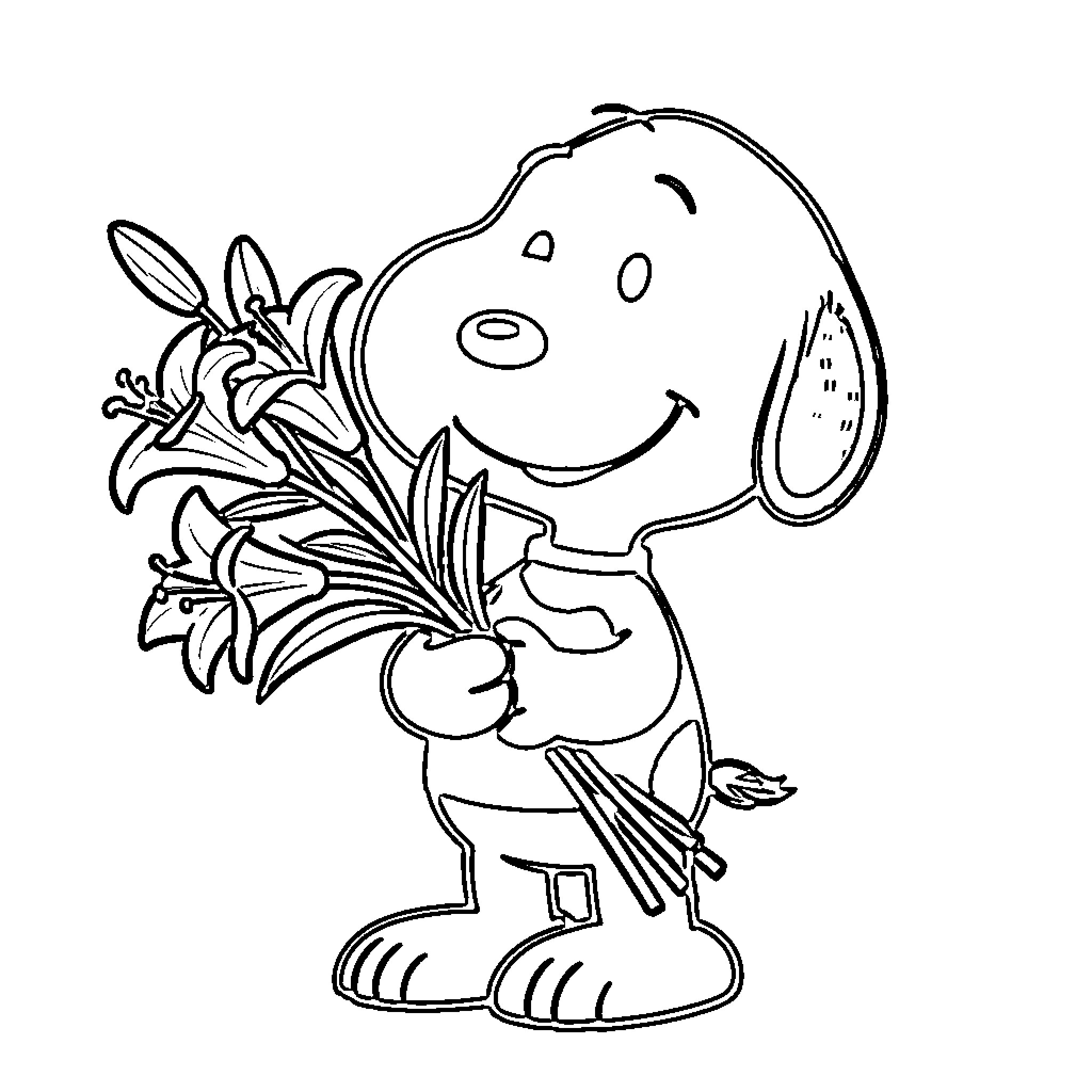 Snoopy smiling while holding a large bouquet of lilies Coloring Page (free black-and-white line drawing printable PDF for all, from beginners to advanced learners, including children, teens, adults, and seniors)