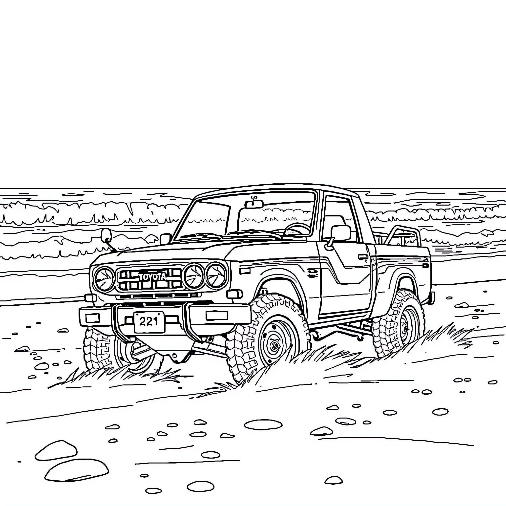Toyota off-road truck traversing rugged terrain Coloring Page (free black-and-white line drawing printable PDF for all, from beginners to advanced learners, including children, teens, adults, and seniors)