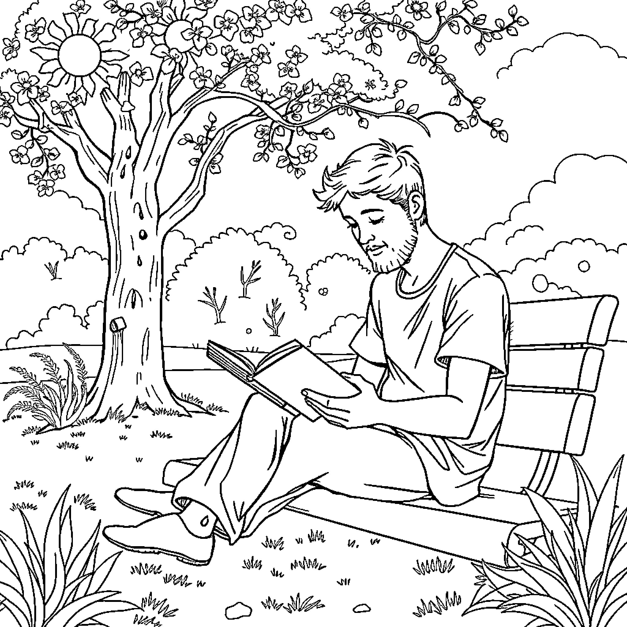 Christian boy reading book under blooming tree Coloring Page (free black-and-white line drawing printable PDF for all, from beginners to advanced learners, including children, teens, adults, and seniors)