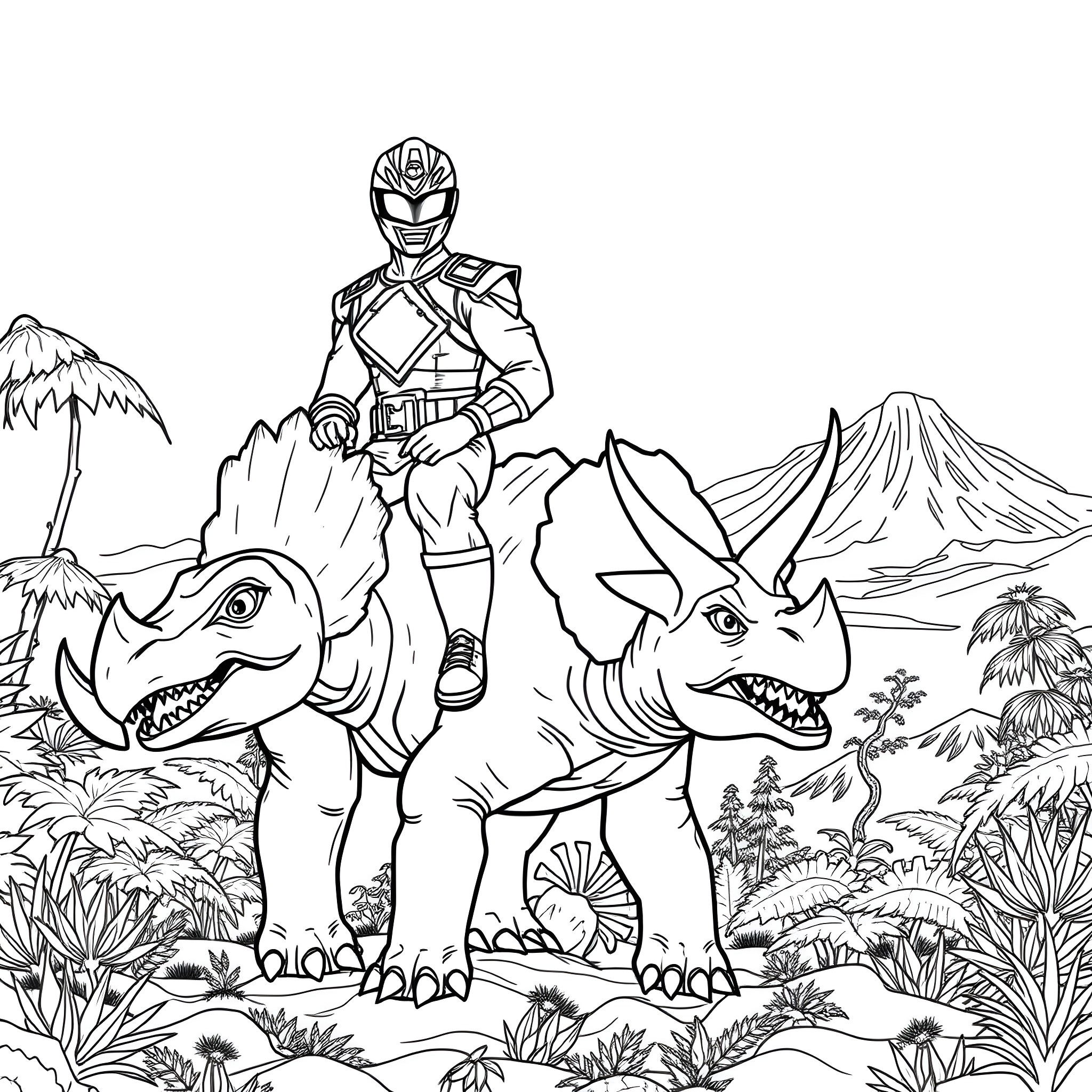 Power Ranger Riding Dinosaur-Like Creatures in Jungle Landscape Coloring Page (free black-and-white line drawing printable PDF for all, from beginners to advanced learners, including children, teens, adults, and seniors)